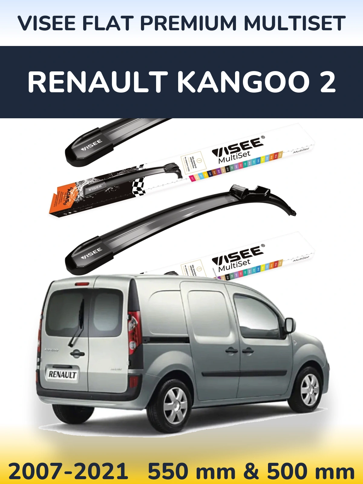 Front wiper blade set VISEE FLAT PREMIUM MultiSet 550 & 500 mm for Renault Kangoo 2 2007-2021