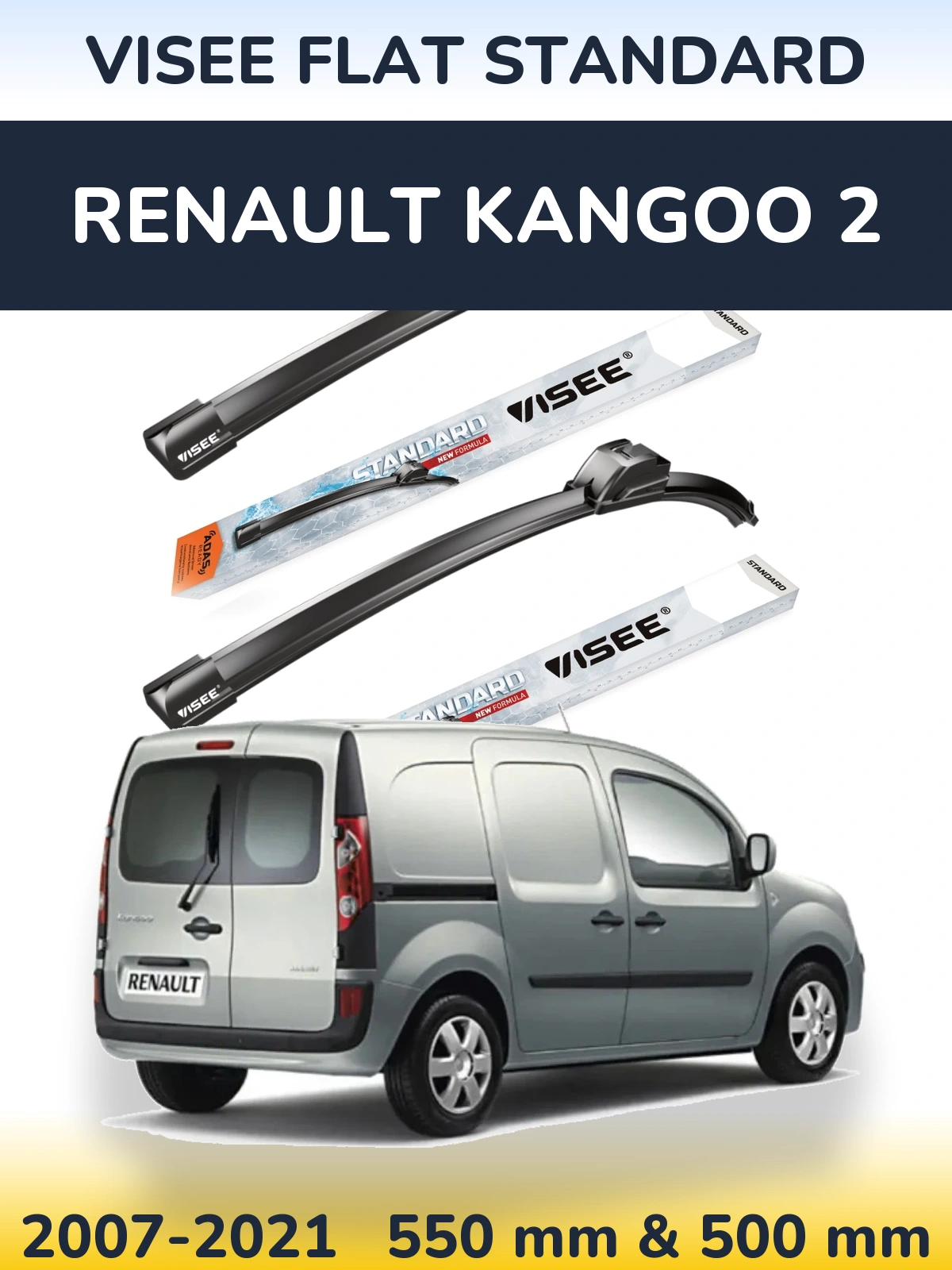 Front wiper blade set VISEE FLAT STANDARD 550 & 500 mm for Renault Kangoo 2 2007-2021