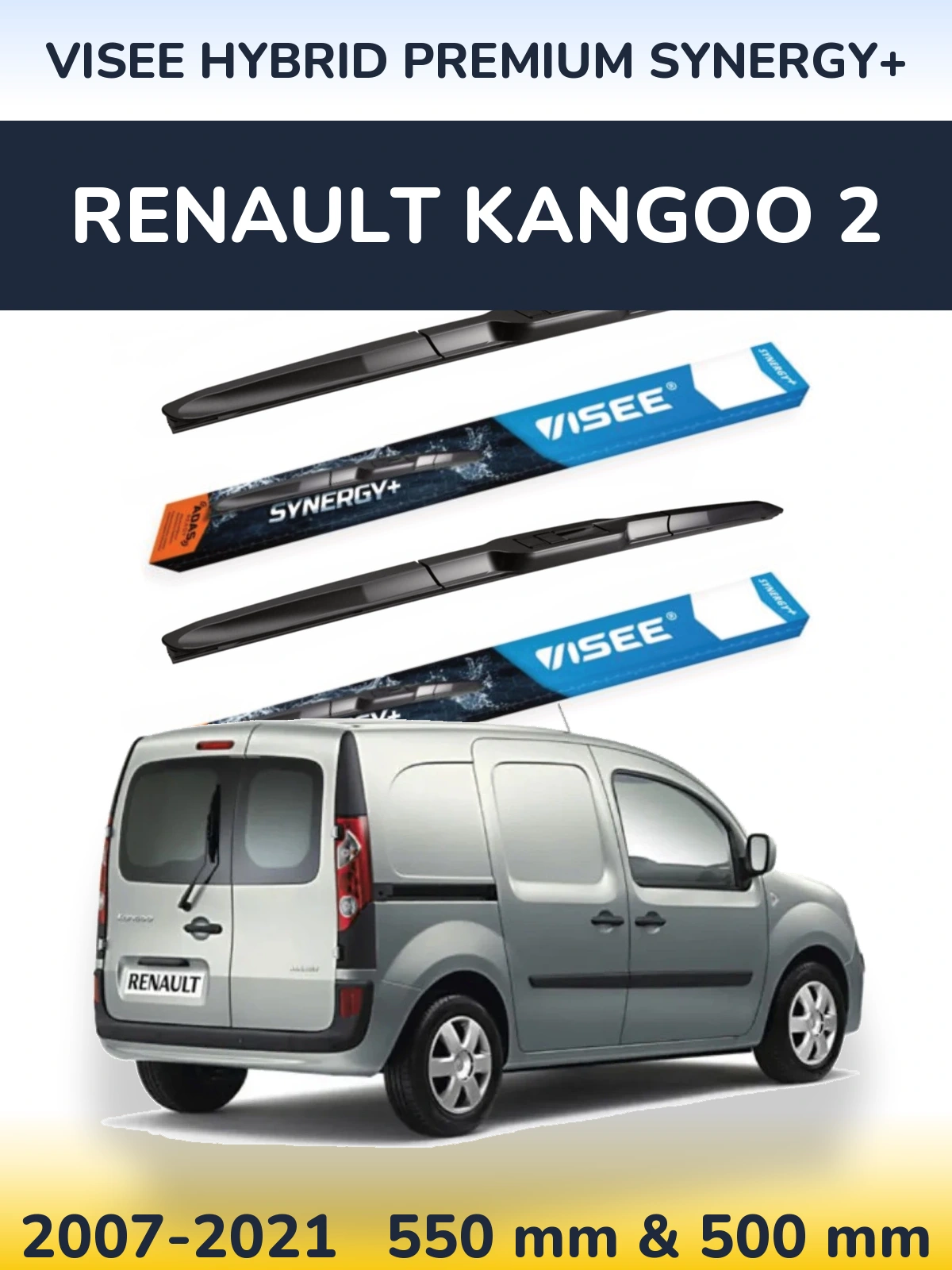 Front wiper blade set VISEE HYBRID PREMIUM SYNERGY+ 550 & 500 mm for Renault Kangoo 2 2007-2021
