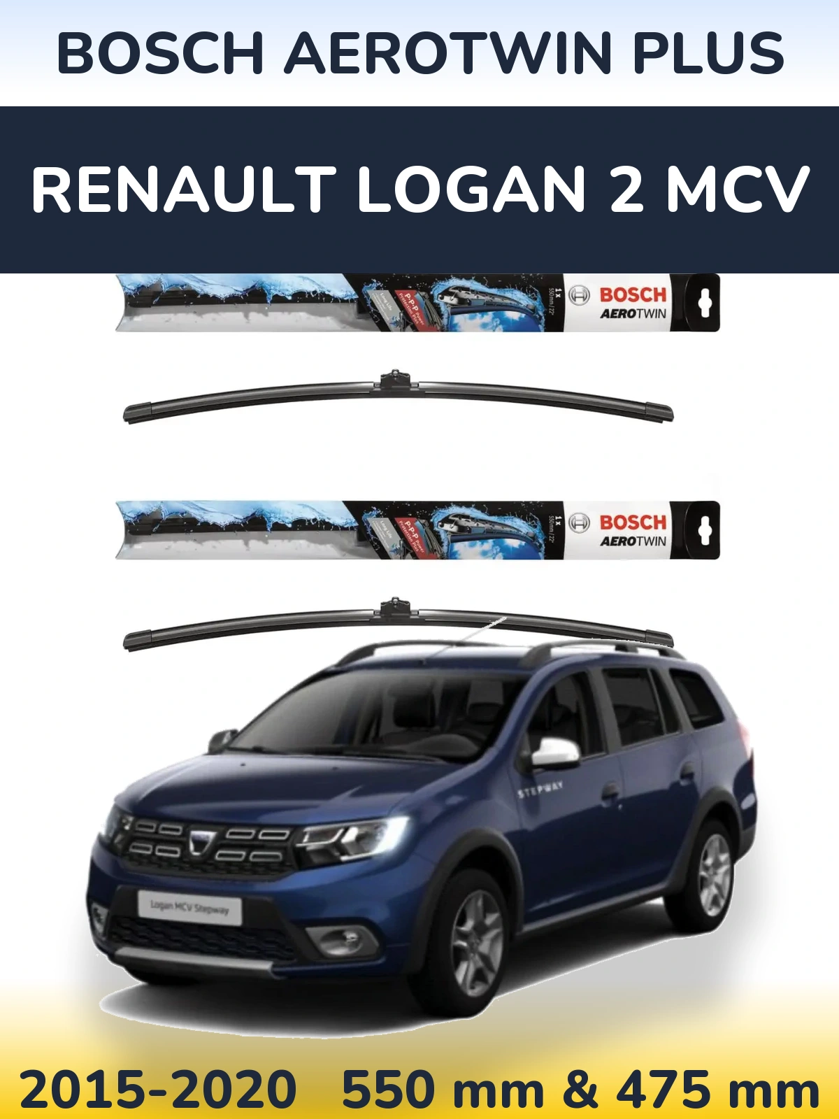 Front wiper blade set BOSCH AeroTwin Plus 550 & 475 mm for Renault Logan 2 MCV 2015-2020
