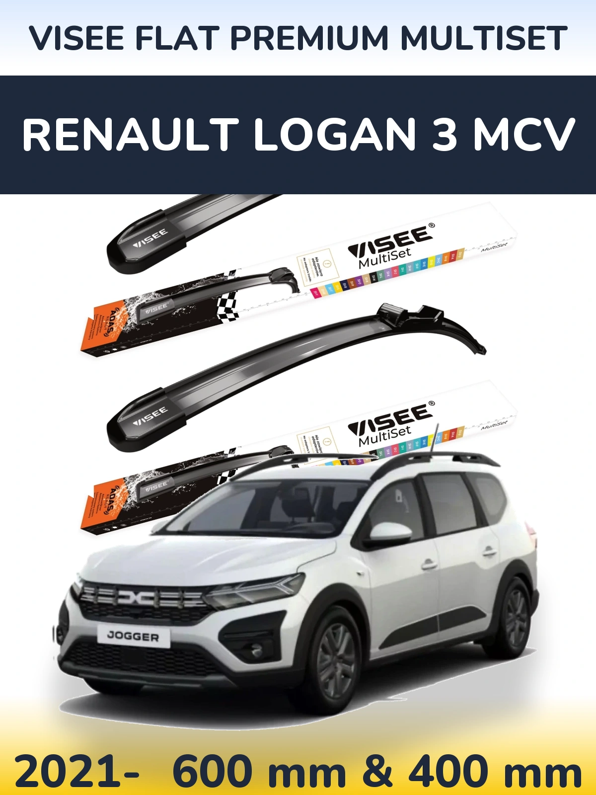 Front wiper blade set VISEE FLAT PREMIUM MultiSet 600 & 400 mm for Renault Logan 3 MCV 2021-2026