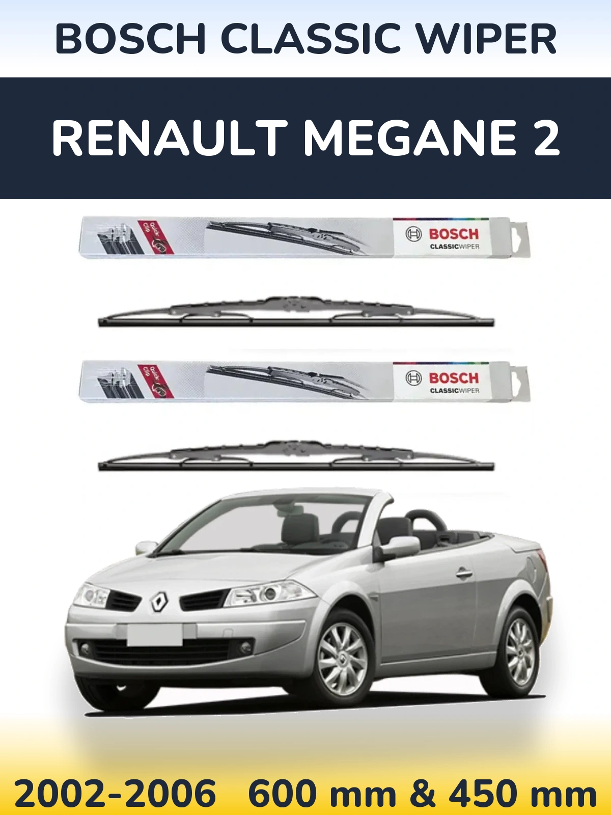 Front wiper blade set BOSCH Classic Wiper 600 & 450 mm for Renault Megane 2 2002-2006