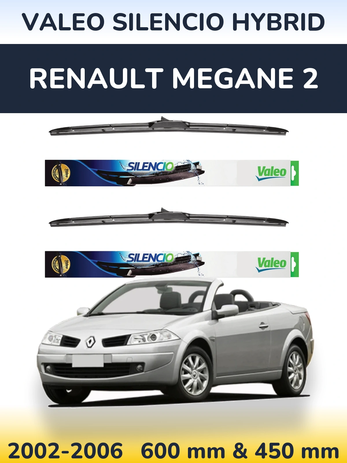 Front wiper blade set Valeo Silencio Hybrid 600 & 450 mm for Renault Megane 2 2002-2006