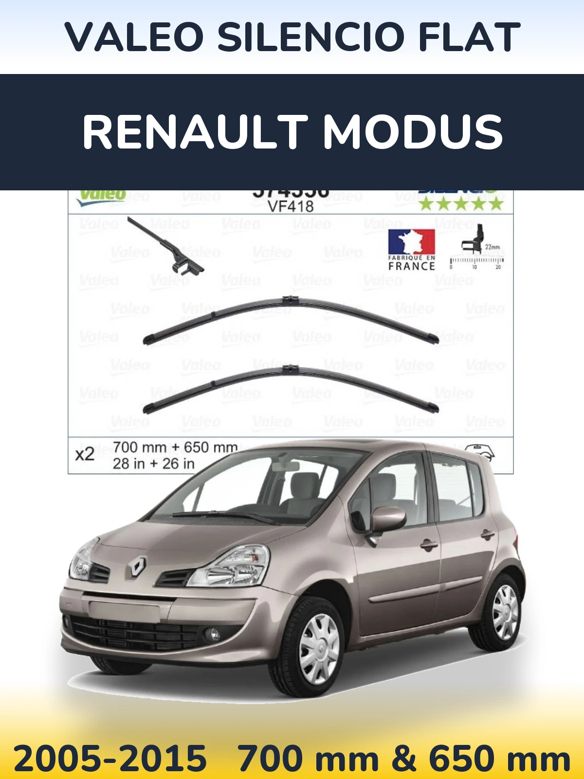 Front wiper blade set Valeo Silencio Flat 700 & 650 mm for Renault Modus 2005-2015