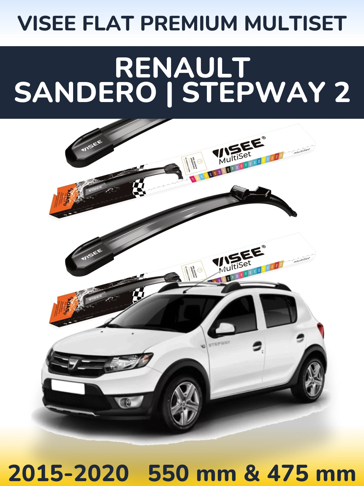 Front wiper blade set VISEE FLAT PREMIUM MultiSet 550 & 475 mm for Renault Sandero | Stepway 2 2015-2020