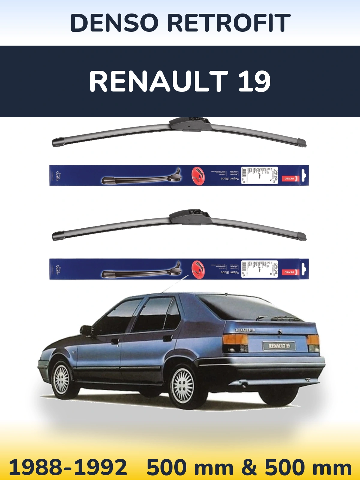 Front wiper blade set Denso Retrofit 500 & 500 mm for Renault 19 1988-1992