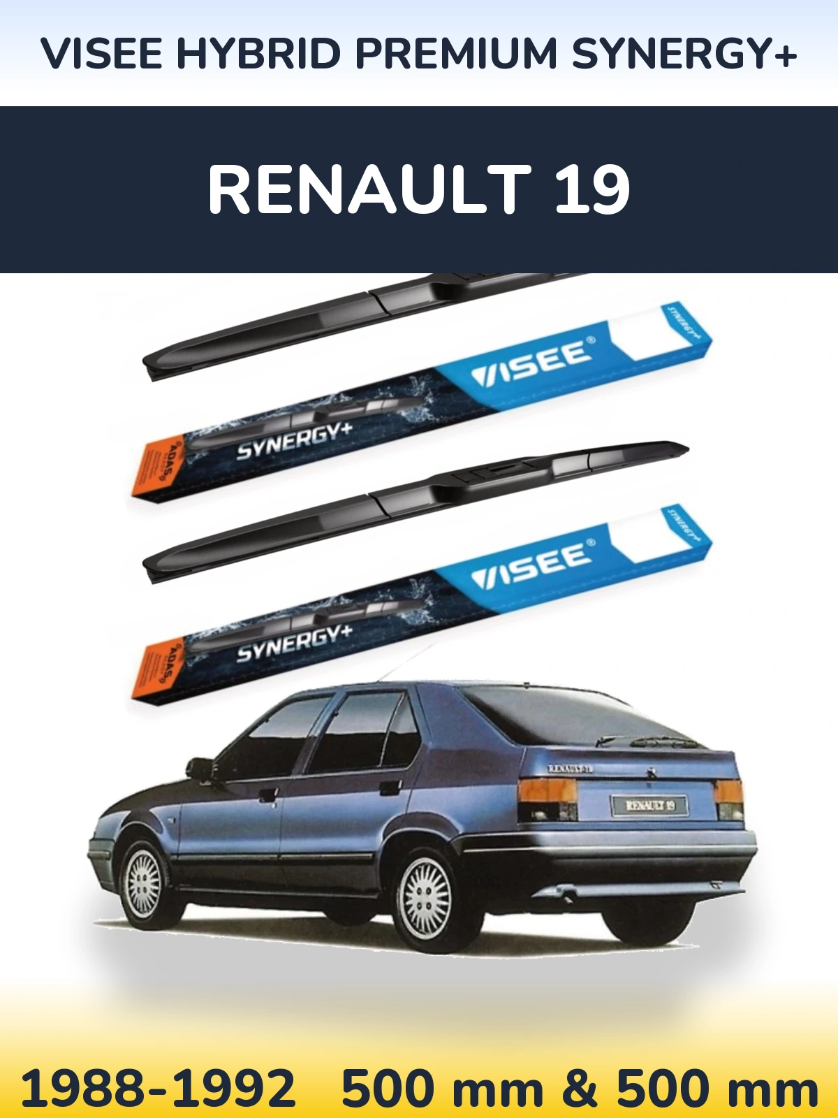 Front wiper blade set VISEE HYBRID PREMIUM SYNERGY+ 500 & 500 mm for Renault 19 1988-1992