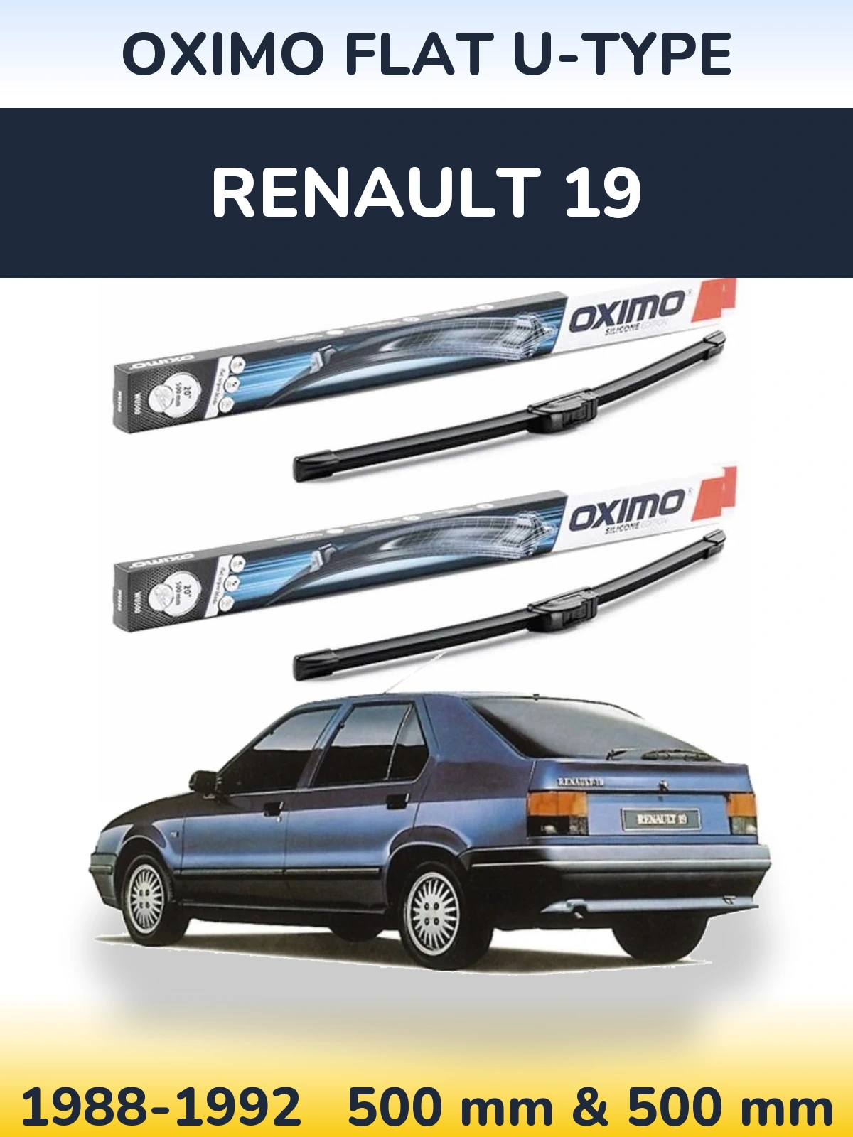 Front wiper blade set Oximo Flat U-type 500 & 500 mm for Renault 19 1988-1992