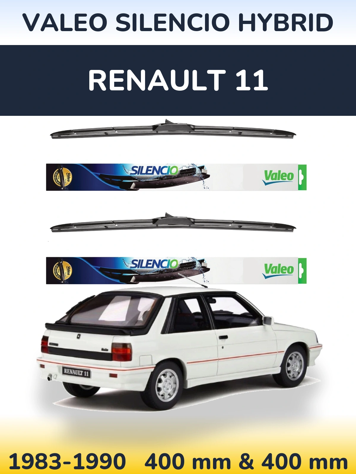 Front wiper blade set Valeo Silencio Hybrid 400 & 400 mm for Renault 11 1983-1990
