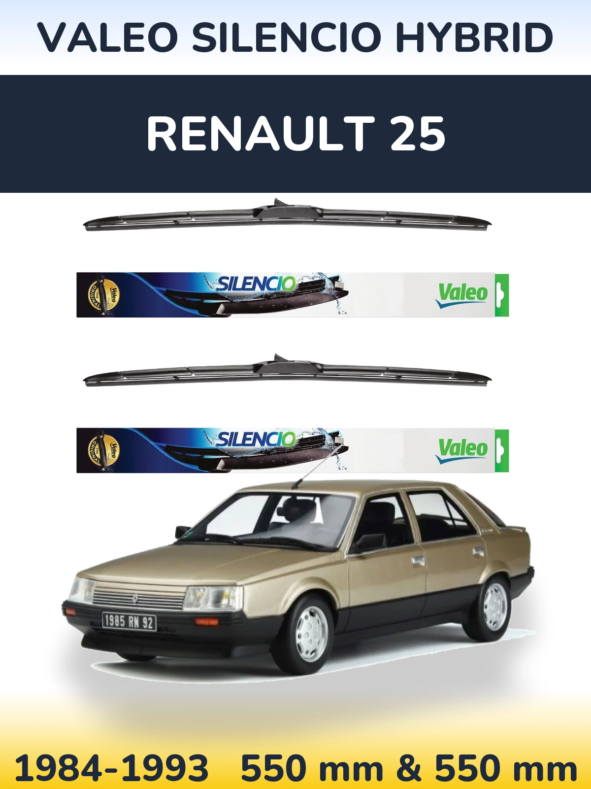 Front wiper blade set Valeo Silencio Hybrid 550 & 550 mm for Renault 25 1984-1993