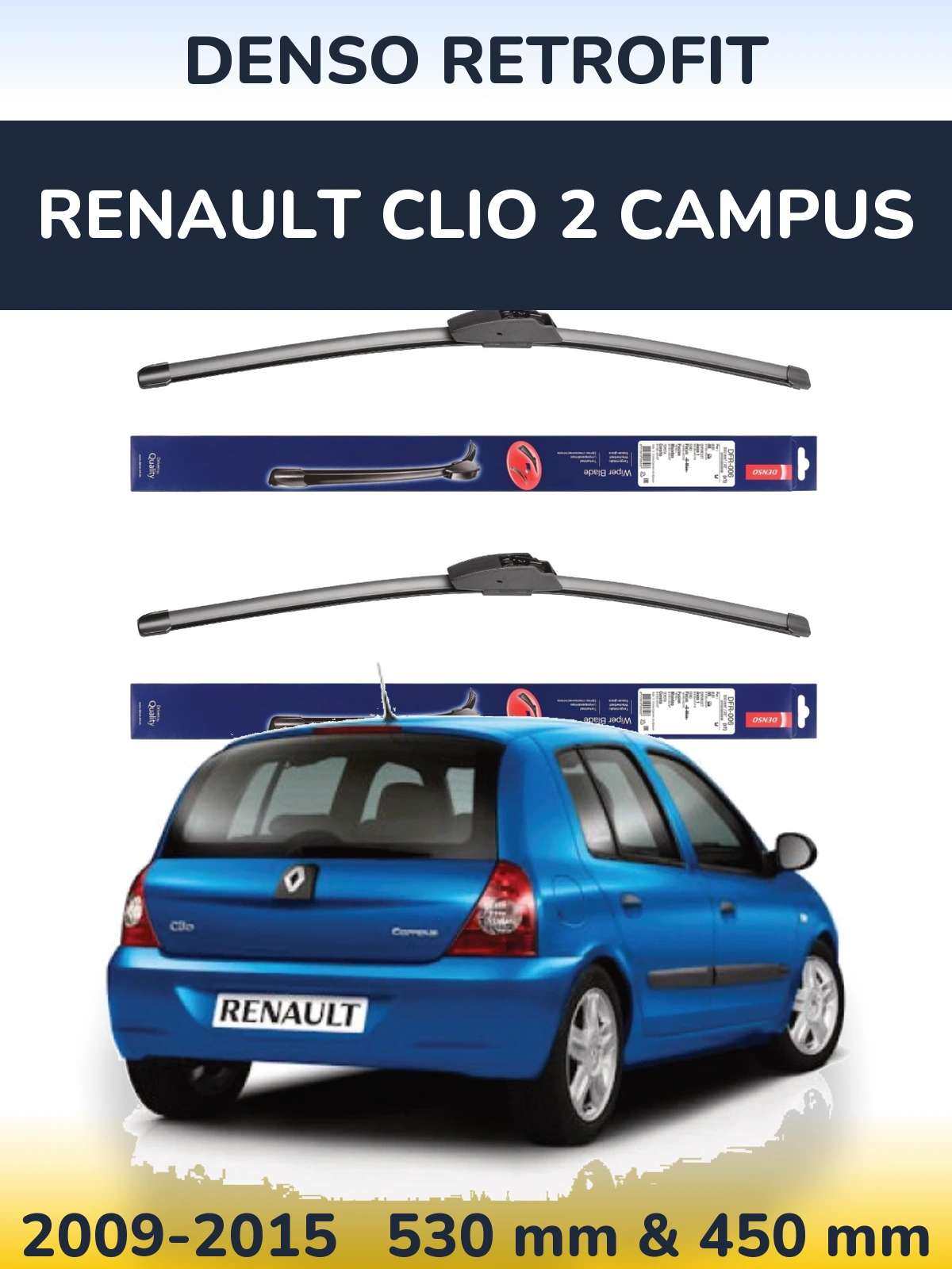 Front wiper blade set Denso Retrofit 530 & 450 mm for Renault Clio 2 Campus 2009-2015