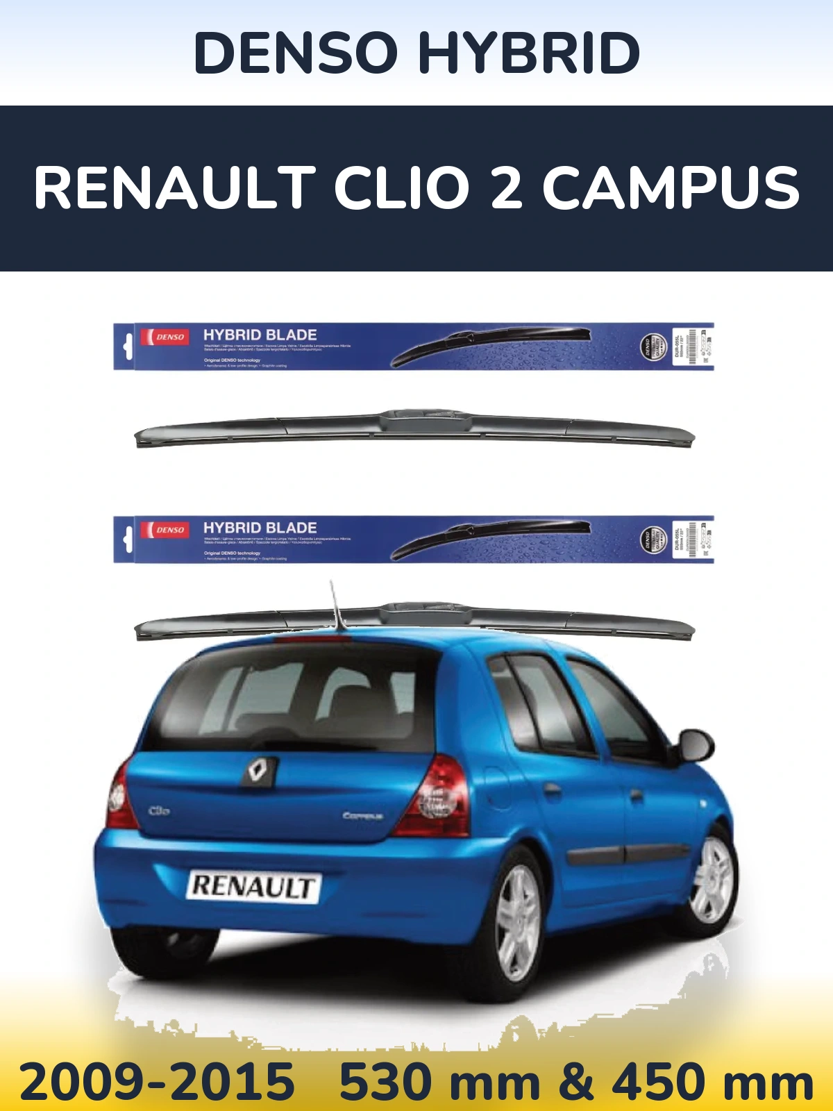 Front wiper blade set Denso Hybrid 530 & 450 mm for Renault Clio 2 Campus 2009-2015