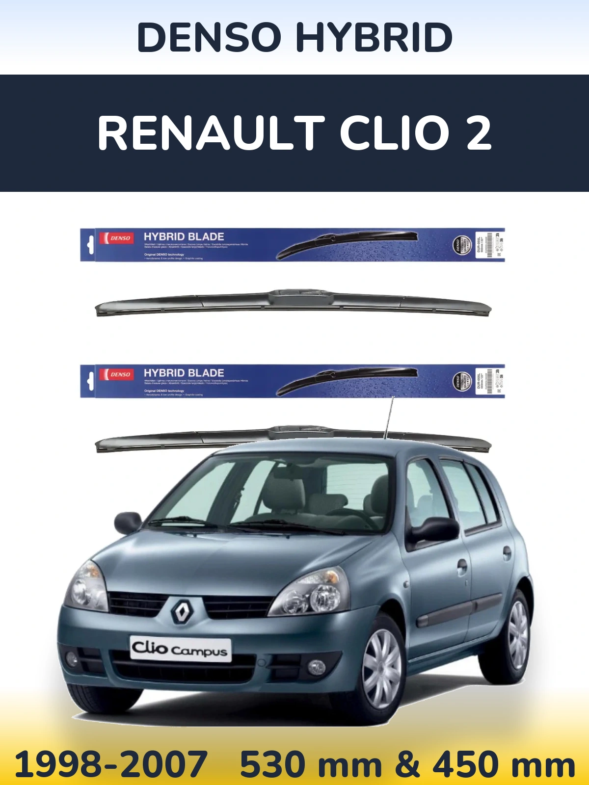 Front wiper blade set Denso Hybrid 530 & 450 mm for Renault Clio 2 1998-2007