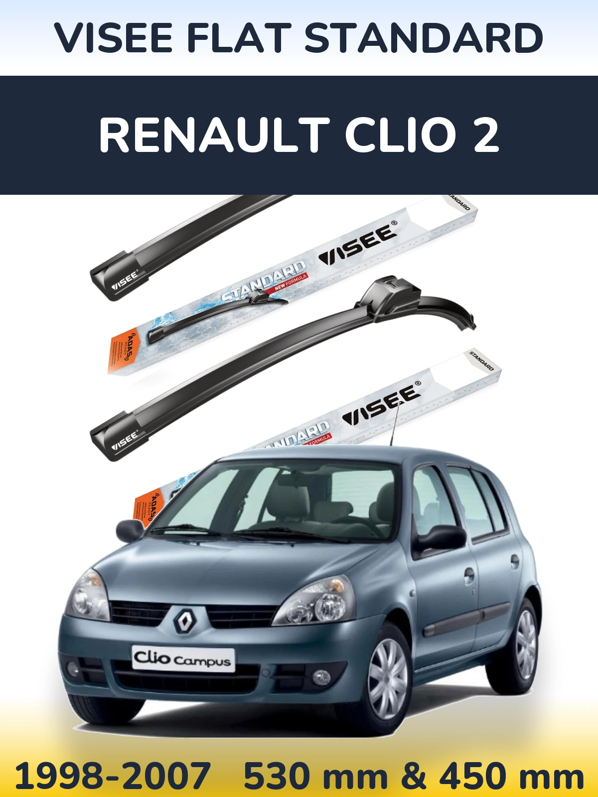 Front wiper blade set VISEE FLAT STANDARD 530 & 450 mm for Renault Clio 2 1998-2007