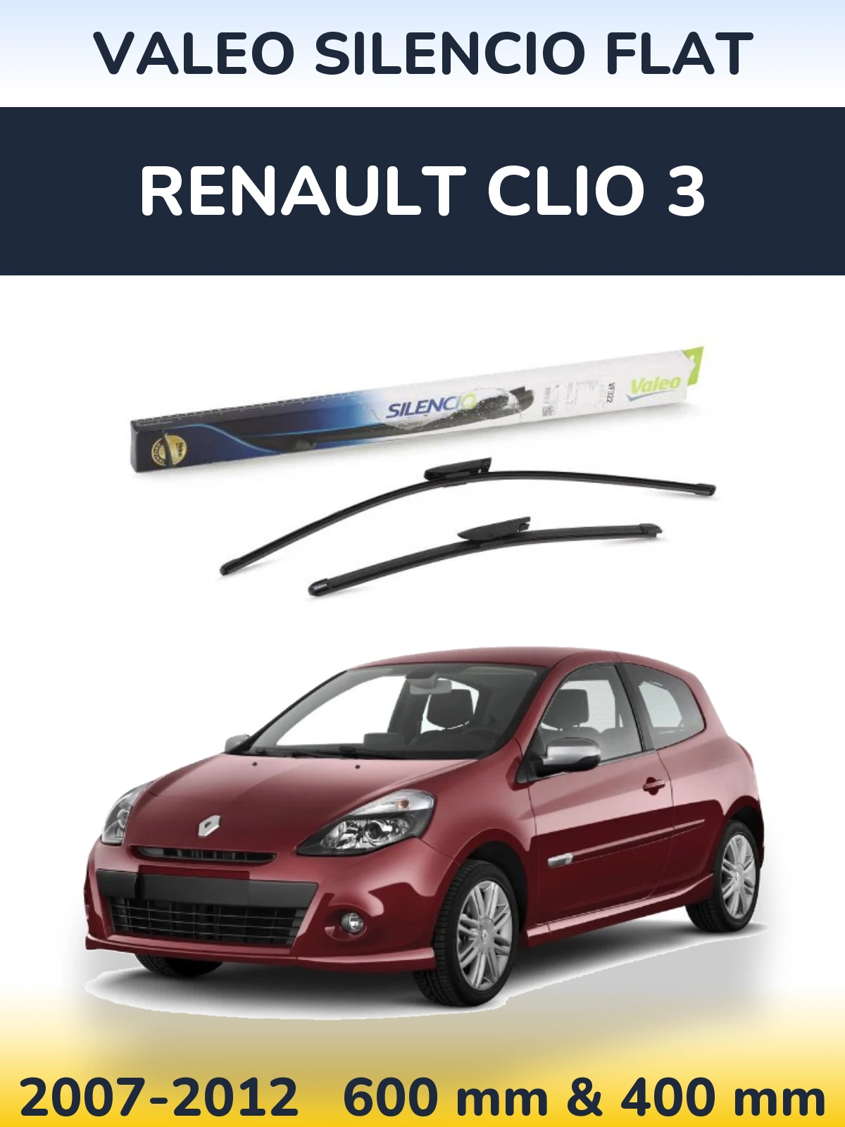 Front wiper blade set Valeo Silencio Flat 600 & 400 mm for Renault Clio 3 2007-2012