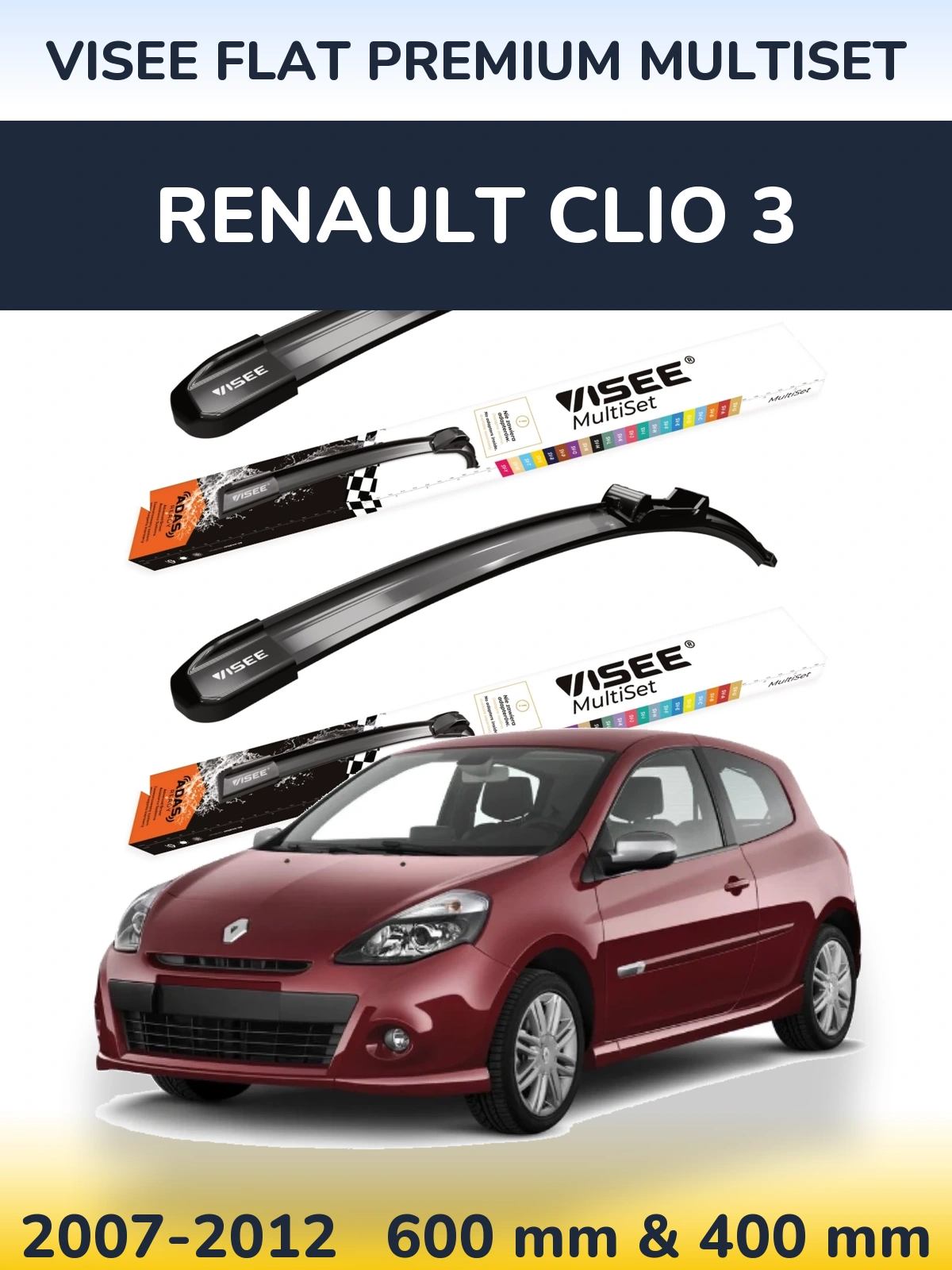 Front wiper blade set VISEE FLAT PREMIUM MultiSet 600 & 400 mm for Renault Clio 3 2007-2012