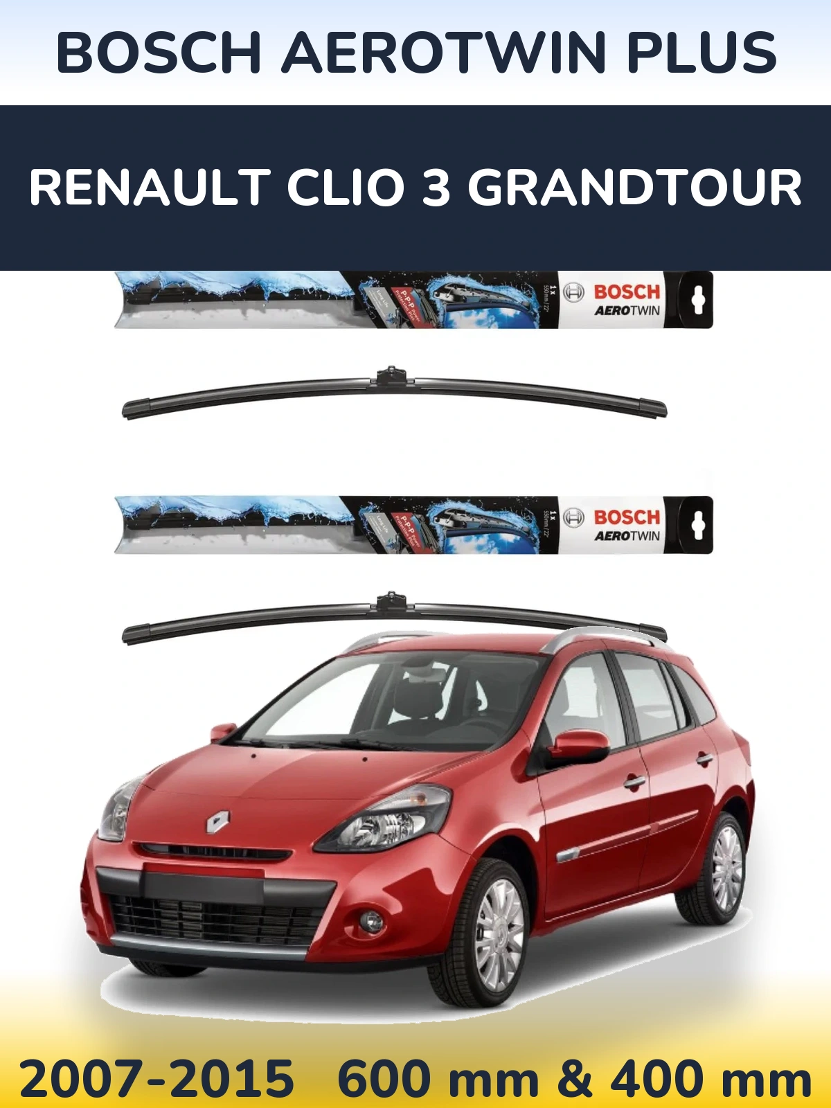 Комплект передних дворников BOSCH AeroTwin Plus 600 & 400 мм для Renault Clio 3 Grandtour 2007-2015