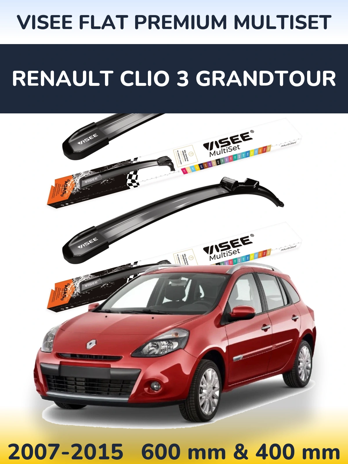 Front wiper blade set VISEE FLAT PREMIUM MultiSet 600 & 400 mm for Renault Clio 3 Grandtour 2007-2015