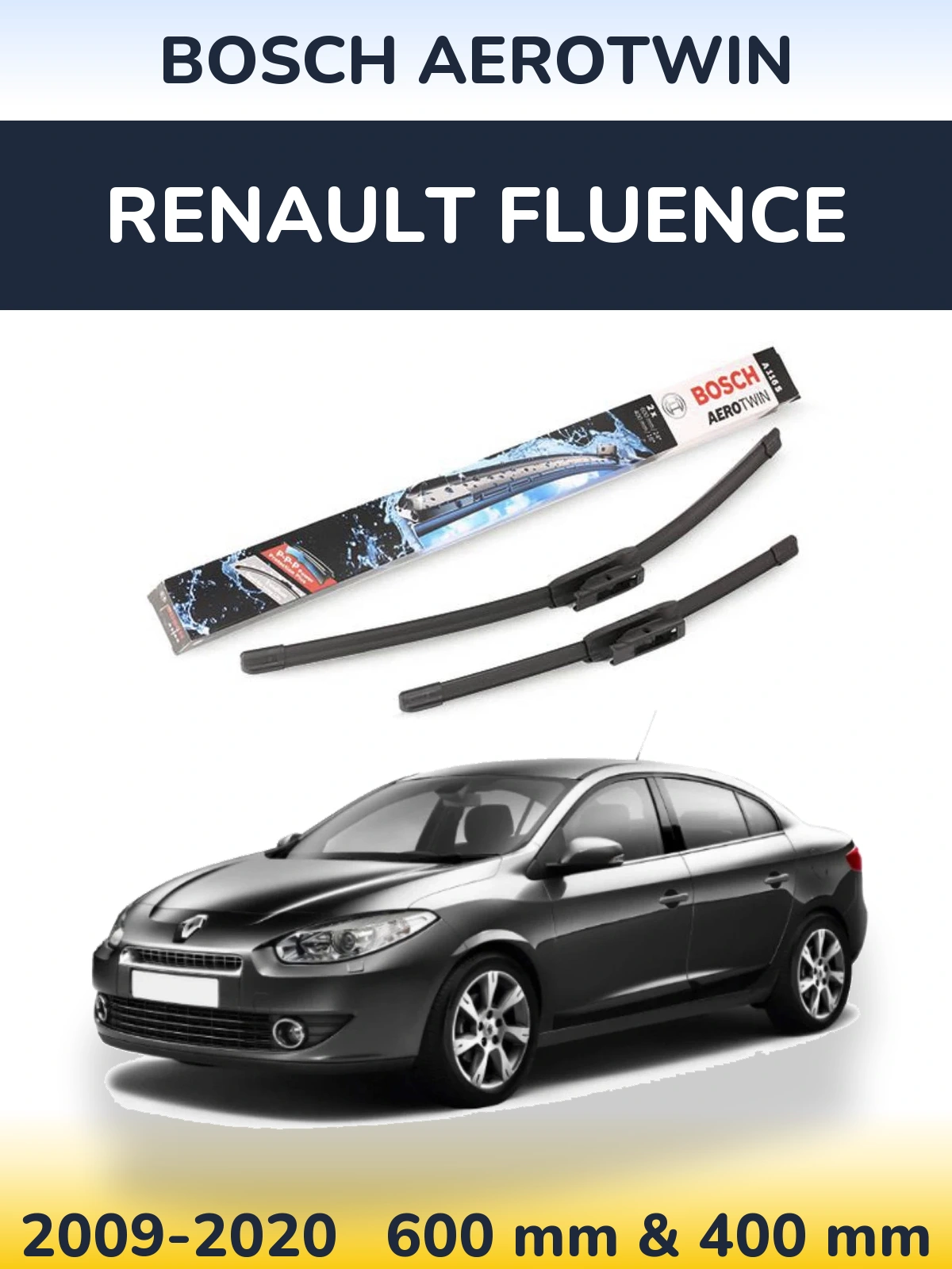 Front wiper blade set BOSCH AeroTwin 600 & 400 mm for Renault Fluence 2009-2020