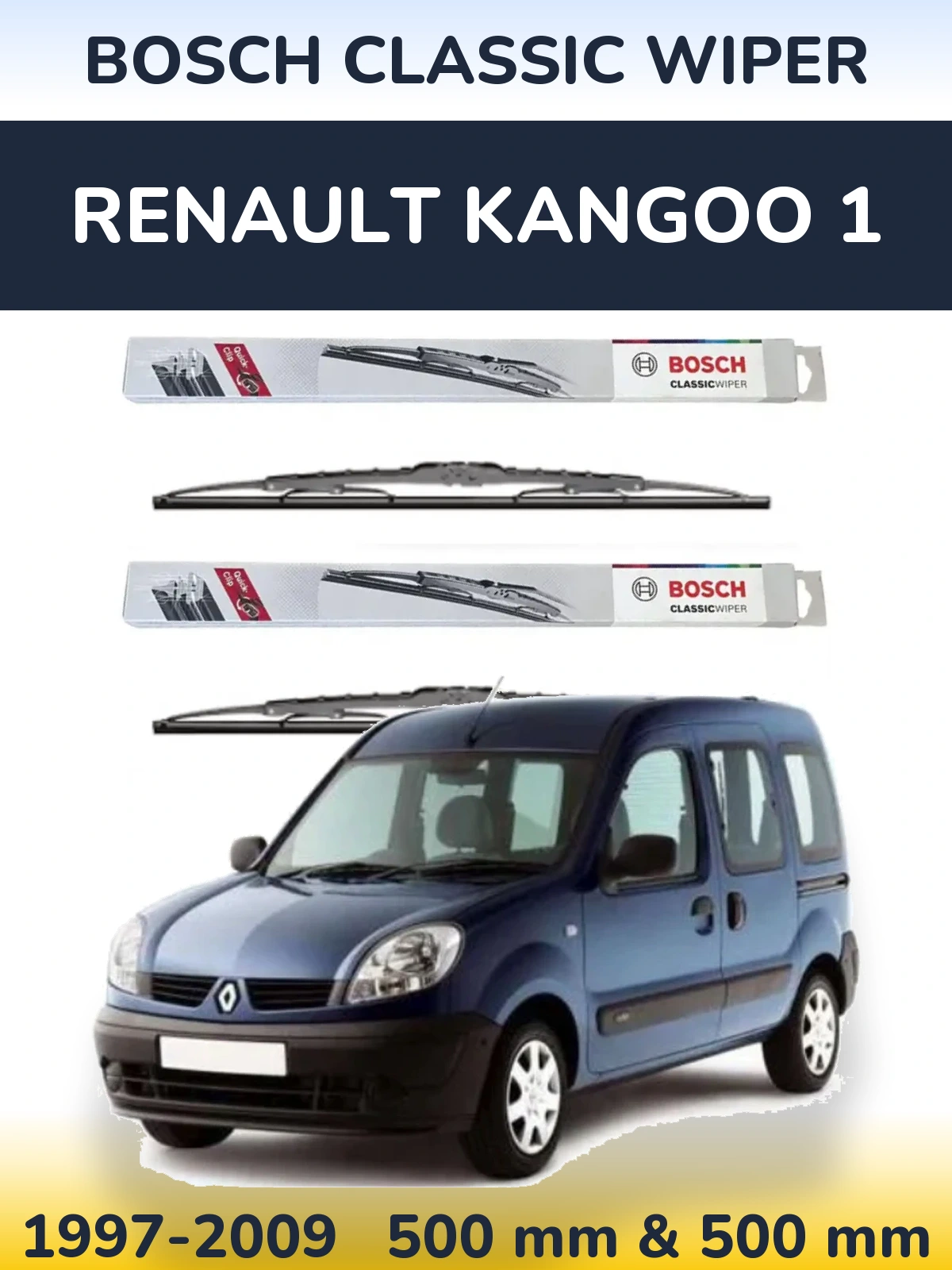 Front wiper blade set BOSCH Classic Wiper 500 & 500 mm for Renault Kangoo 1 1997-2009