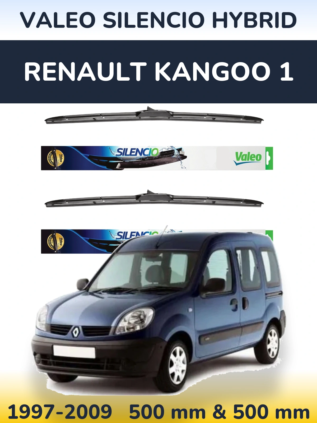Front wiper blade set Valeo Silencio Hybrid 500 & 500 mm for Renault Kangoo 1 1997-2009