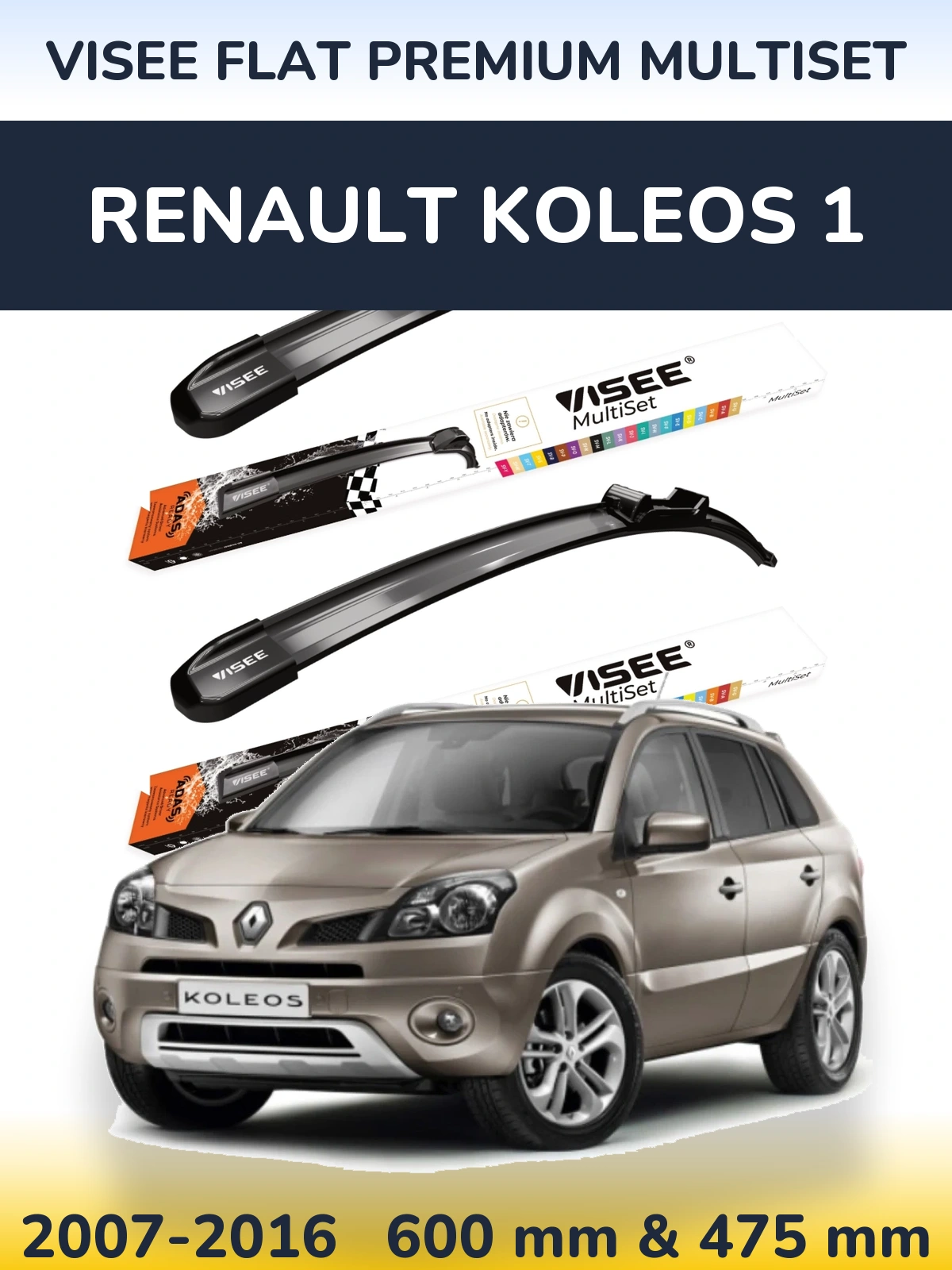 Front wiper blade set VISEE FLAT PREMIUM MultiSet 600 & 475 mm for Renault Koleos 1 2007-2016