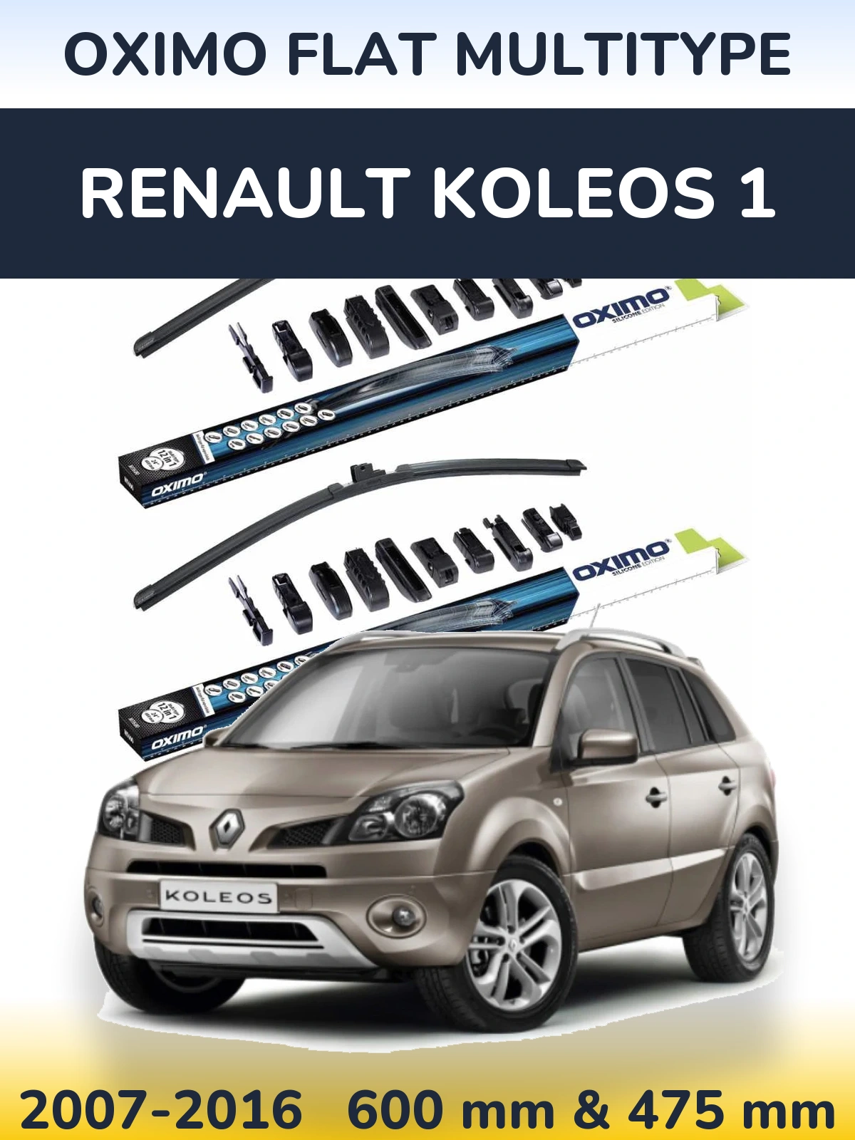 Комплект передних дворников Oximo Flat MultiТипe 600 & 475 мм для Renault Koleos 1 2007-2016