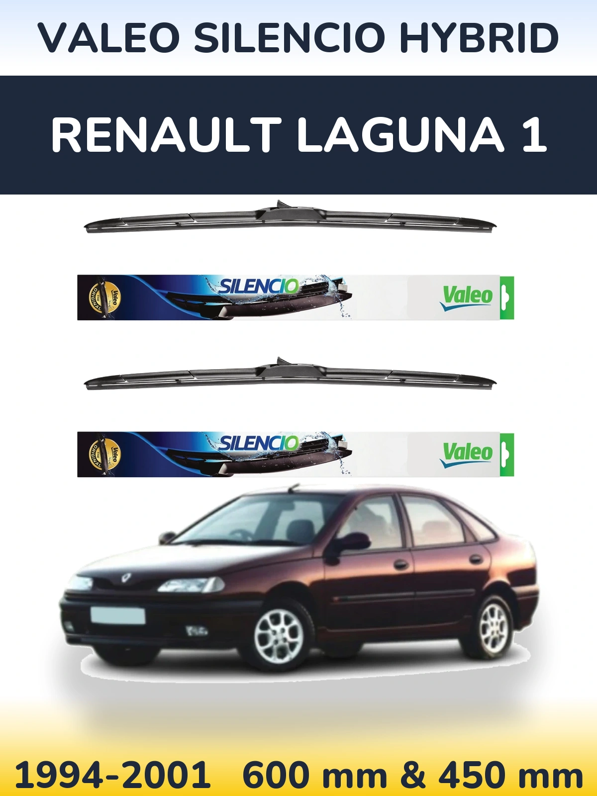 Front wiper blade set Valeo Silencio Hybrid 600 & 450 mm for Renault Laguna 1 1994-2001