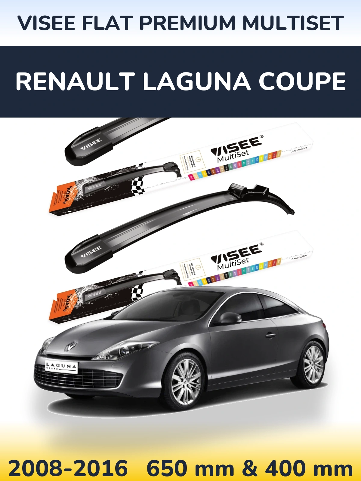 Front wiper blade set VISEE FLAT PREMIUM MultiSet 650 & 400 mm for Renault Laguna Coupe 2008-2016