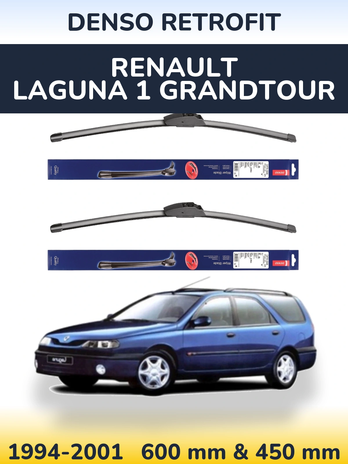 Front wiper blade set Denso Retrofit 600 & 450 mm for Renault Laguna 1 Grandtour 1994-2001