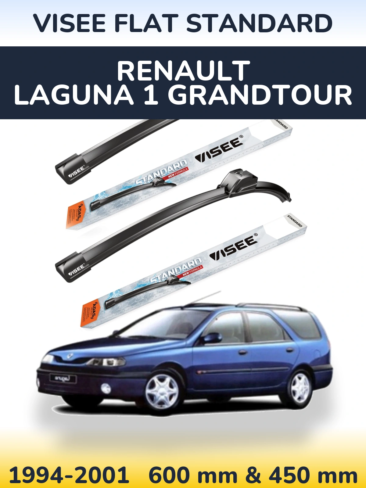 Front wiper blade set VISEE FLAT STANDARD 600 & 450 mm for Renault Laguna 1 Grandtour 1994-2001