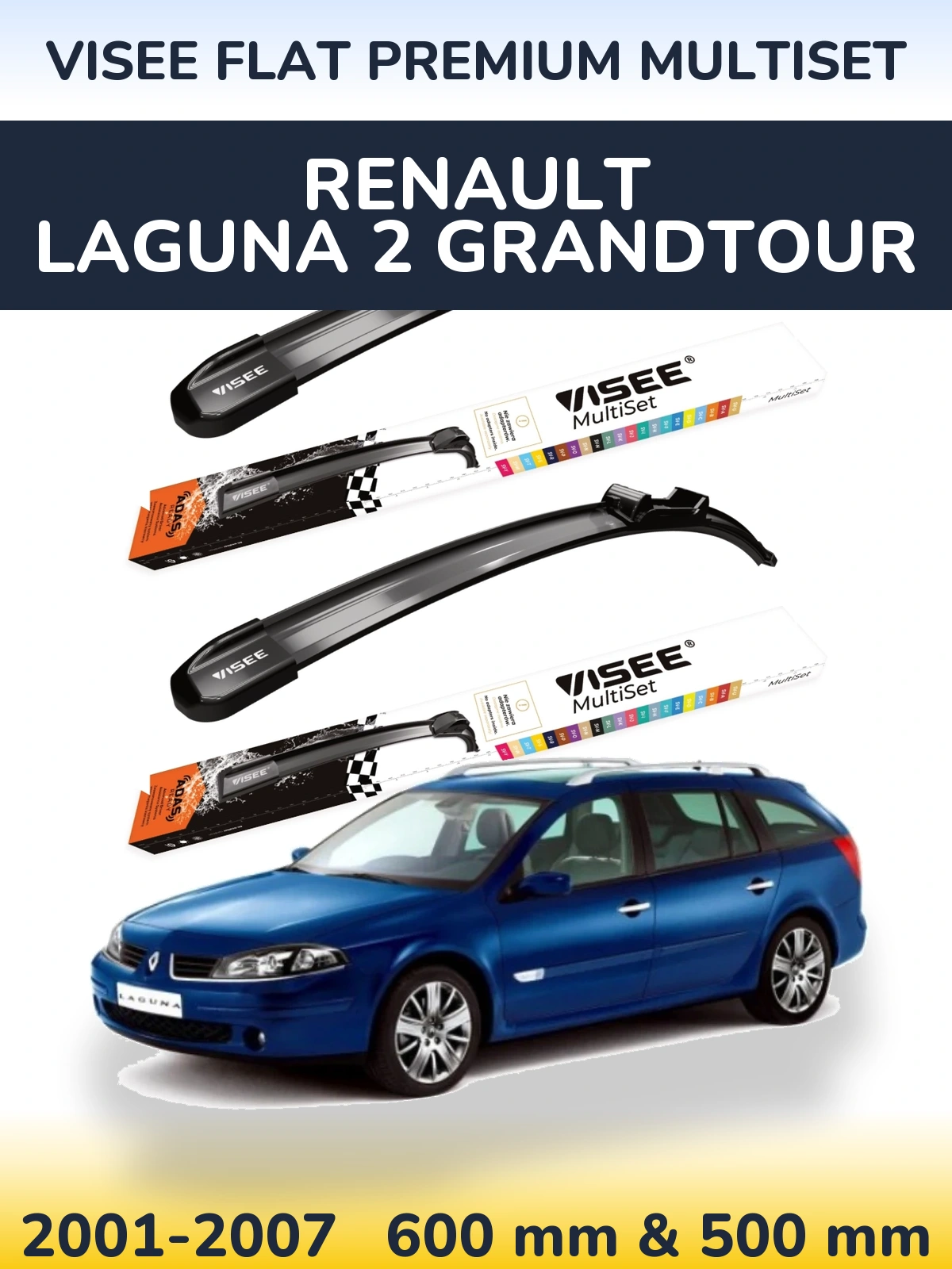 Front wiper blade set VISEE FLAT PREMIUM MultiSet 600 & 500 mm for Renault Laguna 2 Grandtour 2001-2007