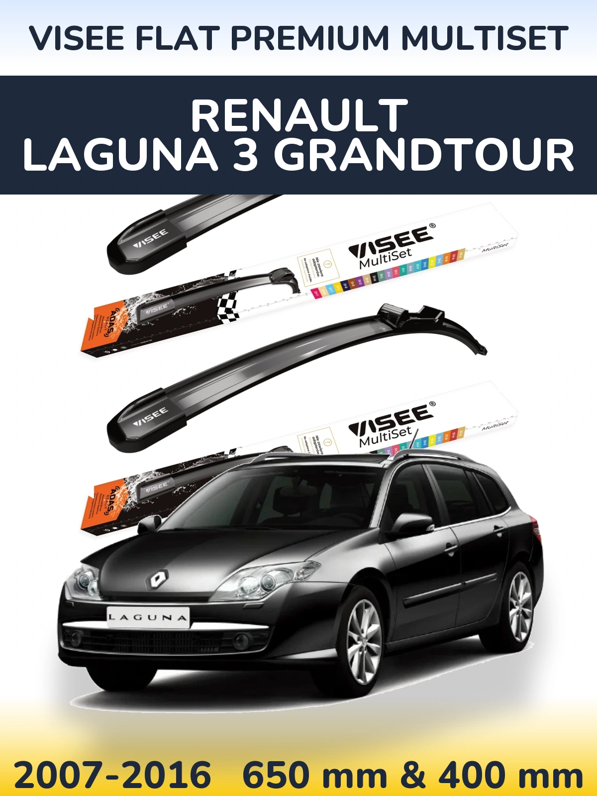 Front wiper blade set VISEE FLAT PREMIUM MultiSet 650 & 400 mm for Renault Laguna 3 Grandtour 2007-2016