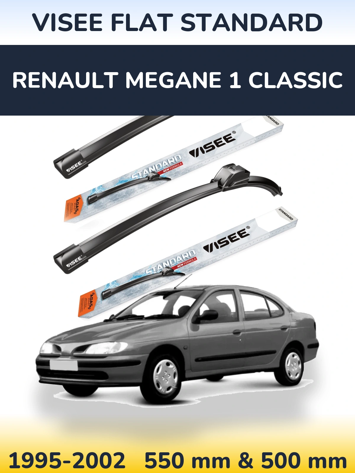 Front wiper blade set VISEE FLAT STANDARD 550 & 500 mm for Renault Megane 1 Classic 1995-2002