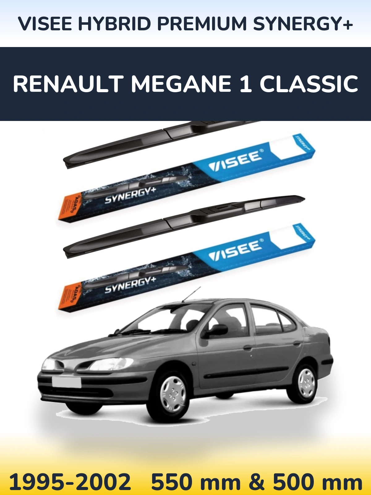 Front wiper blade set VISEE HYBRID PREMIUM SYNERGY+ 550 & 500 mm for Renault Megane 1 Classic 1995-2002