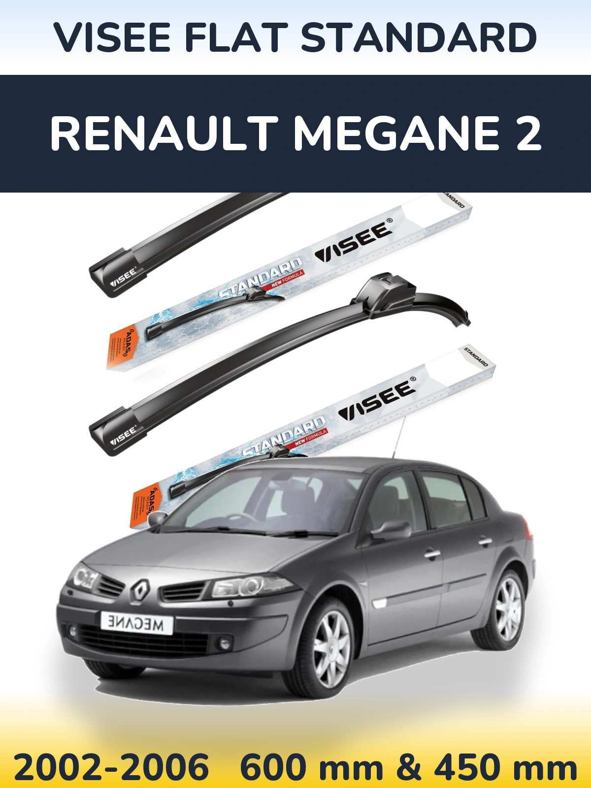 Front wiper blade set VISEE FLAT STANDARD 600 & 450 mm for Renault Megane 2 2002-2006