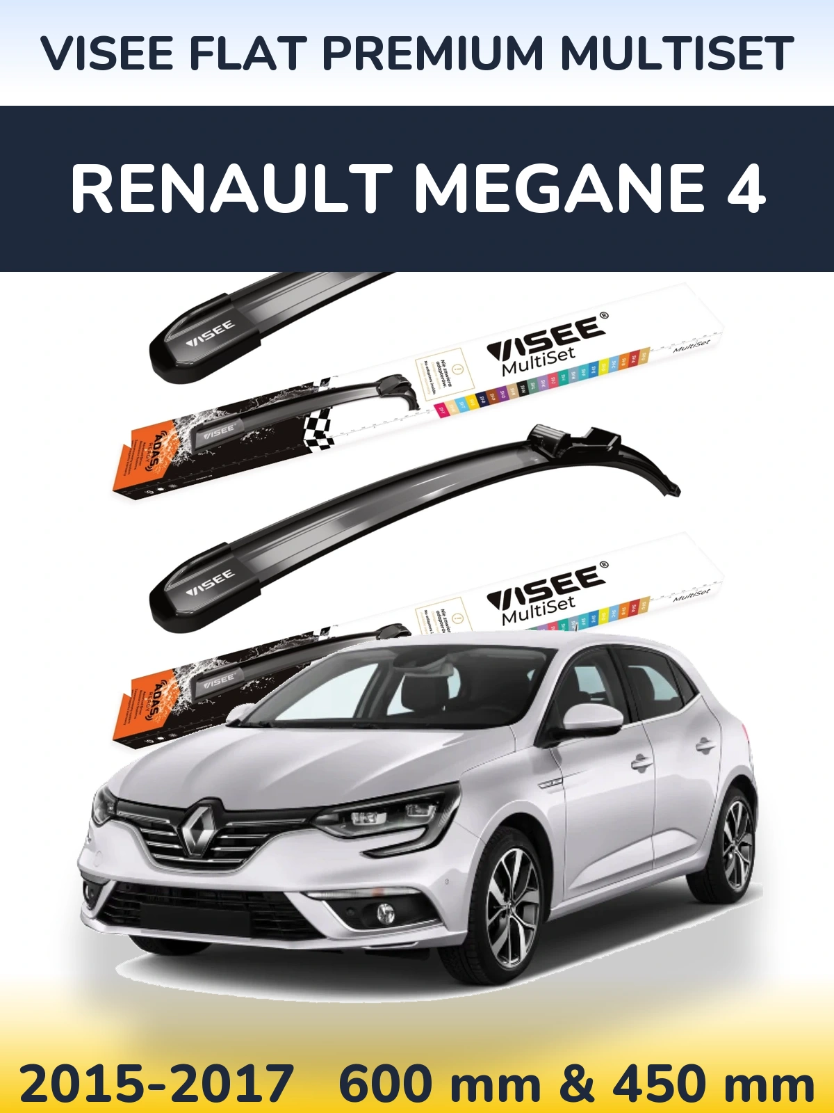 Комплект передніх щіток VISEE FLAT PREMIUM MultiSet 600 & 450 мм для Renault Megane 4 2015-2017