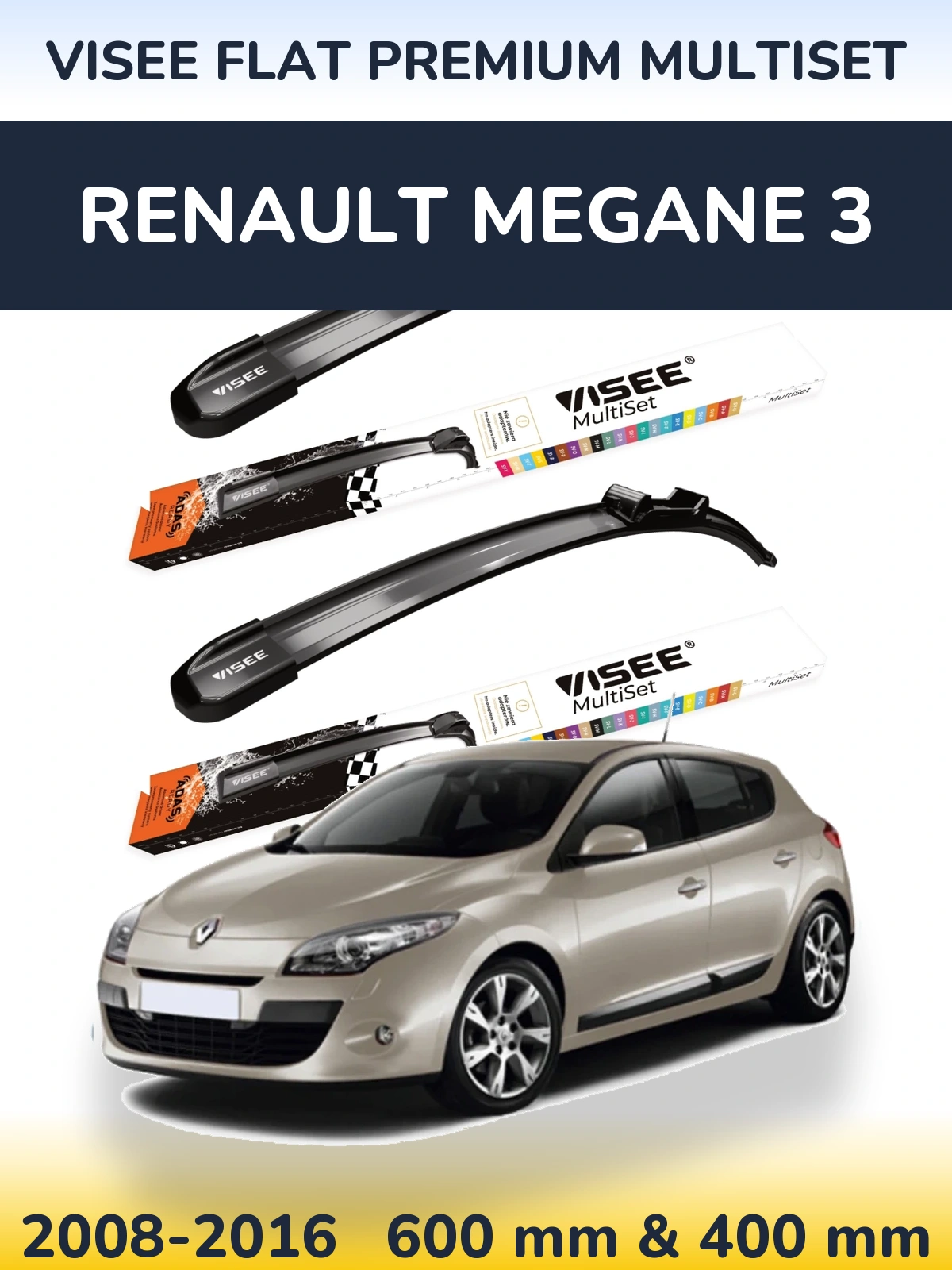 Front wiper blade set VISEE FLAT PREMIUM MultiSet 600 & 400 mm for Renault Megane 3 2008-2016