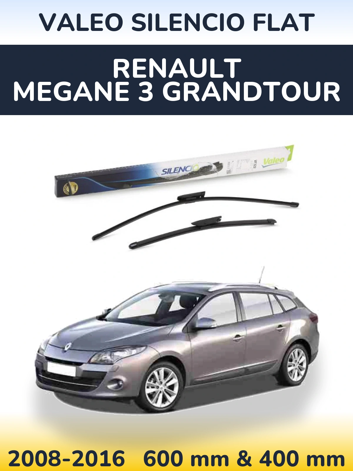 Front wiper blade set Valeo Silencio Flat 600 & 400 mm for Renault Megane 3 Grandtour 2008-2016