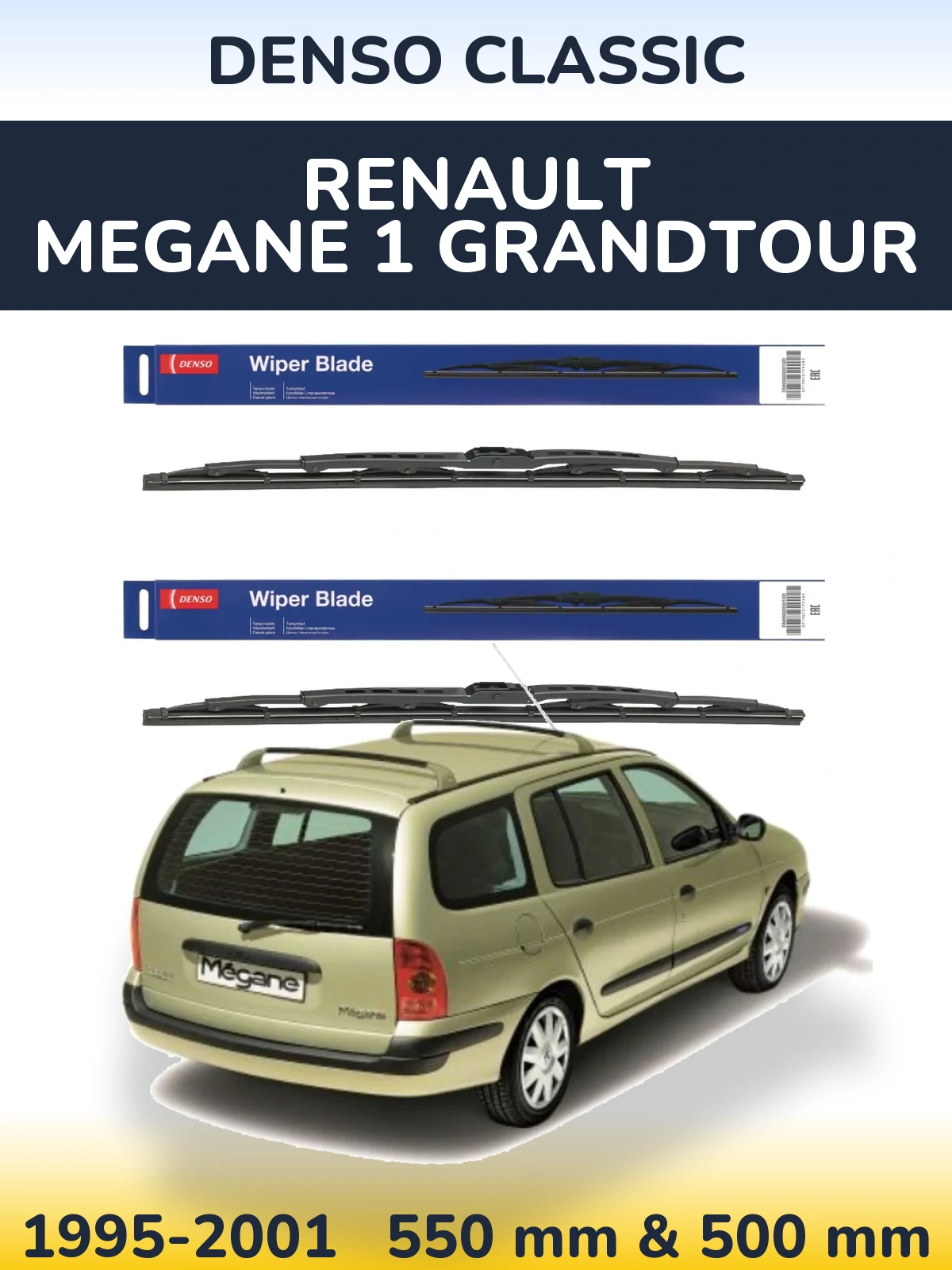 Front wiper blade set Denso Classic 550 & 500 mm for Renault Megane 1 Grandtour 1995-2001