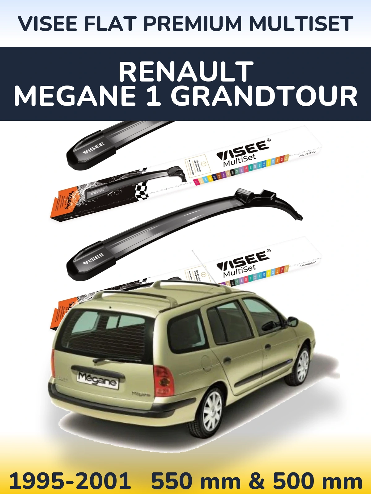 Front wiper blade set VISEE FLAT PREMIUM MultiSet 550 & 500 mm for Renault Megane 1 Grandtour 1995-2001