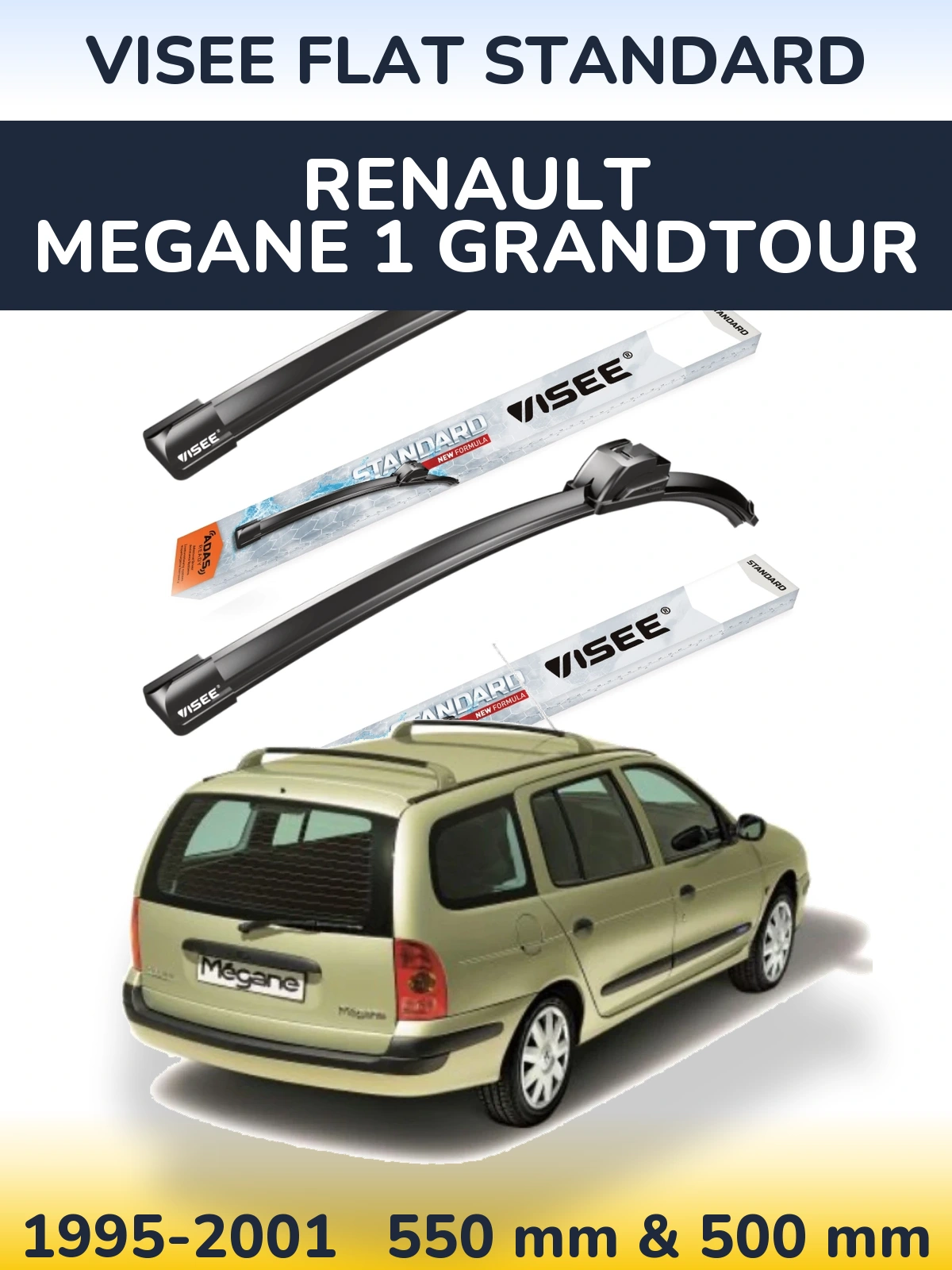 Front wiper blade set VISEE FLAT STANDARD 550 & 500 mm for Renault Megane 1 Grandtour 1995-2001