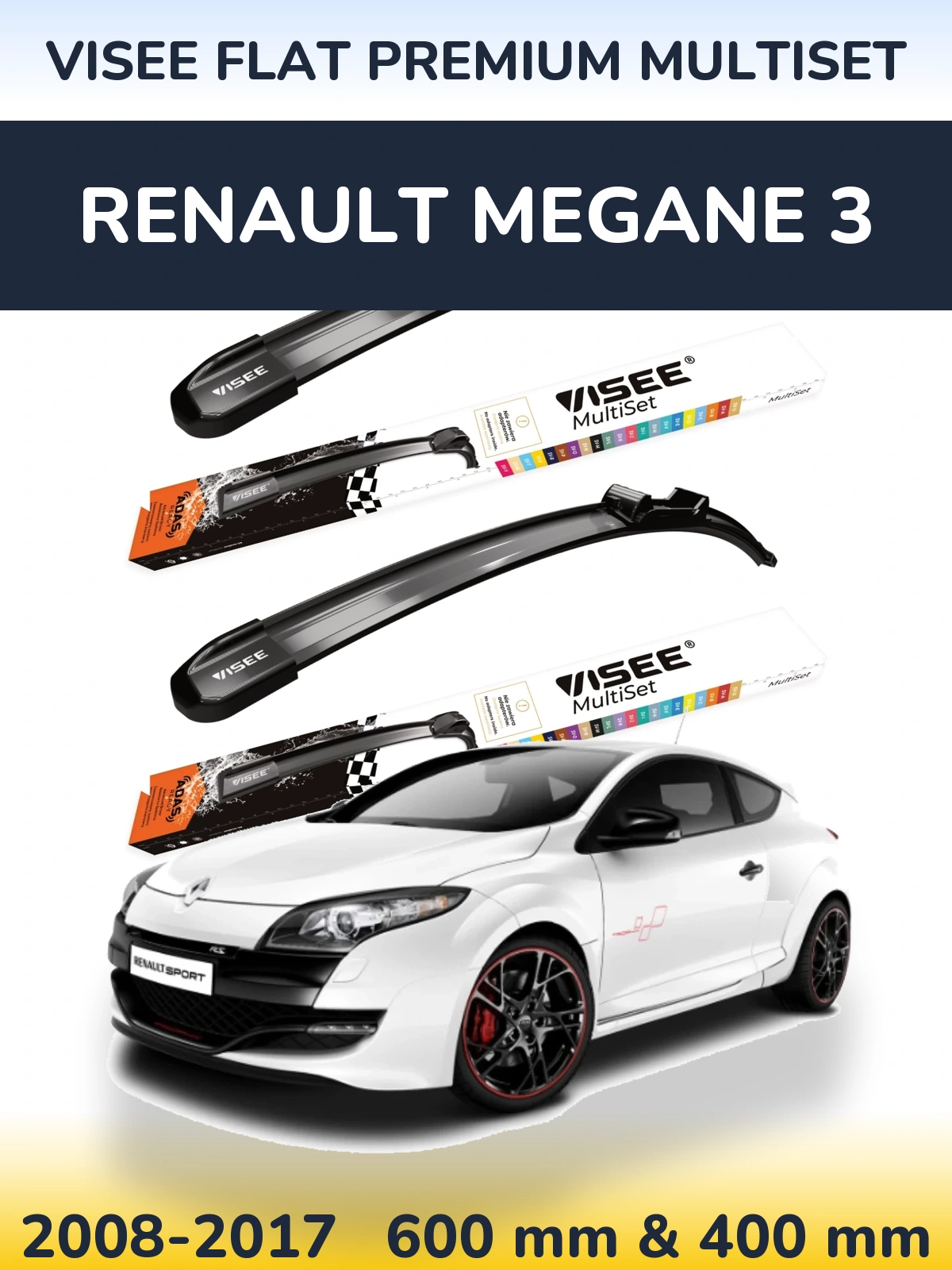 Front wiper blade set VISEE FLAT PREMIUM MultiSet 600 & 400 mm for Renault Megane 3 2008-2017