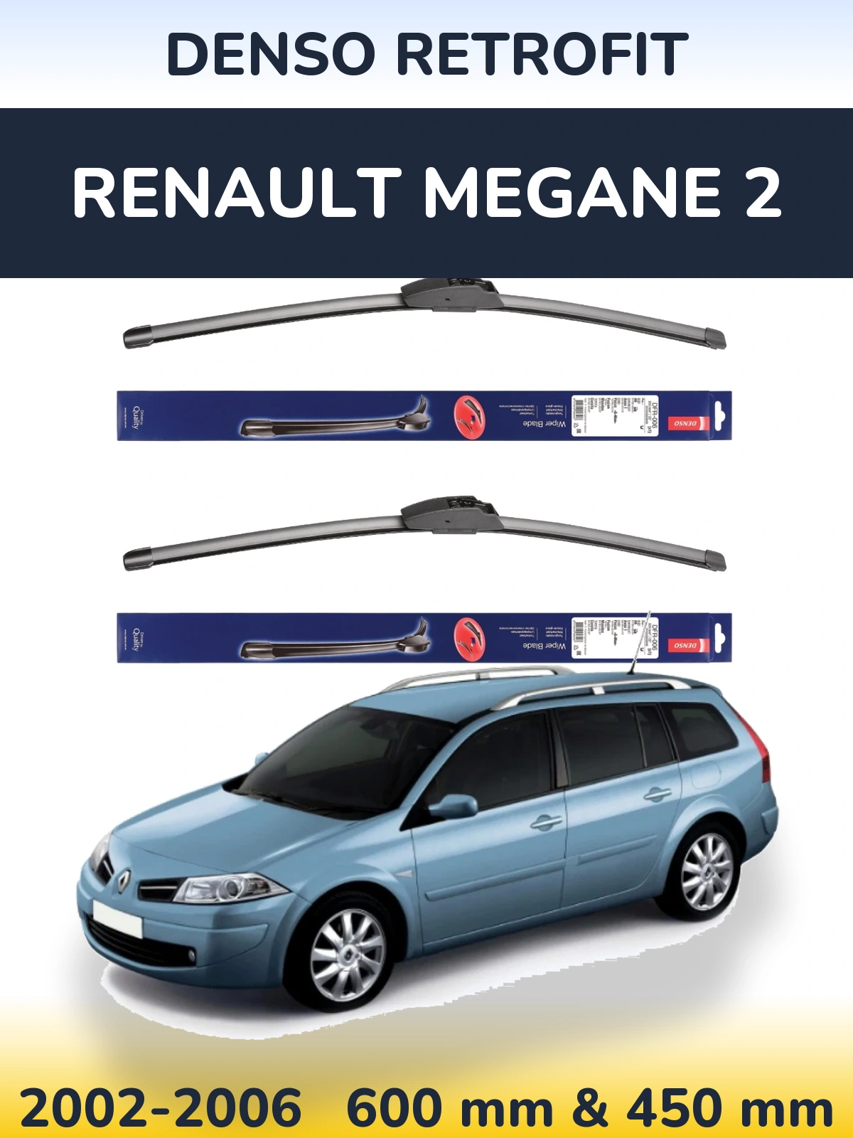 Front wiper blade set Denso Retrofit 600 & 450 mm for Renault Megane 2 2002-2006