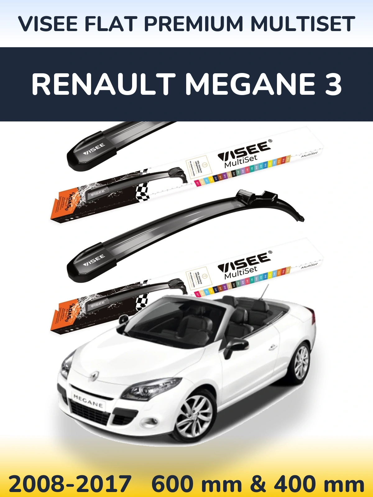 Front wiper blade set VISEE FLAT PREMIUM MultiSet 600 & 400 mm for Renault Megane 3 2008-2017