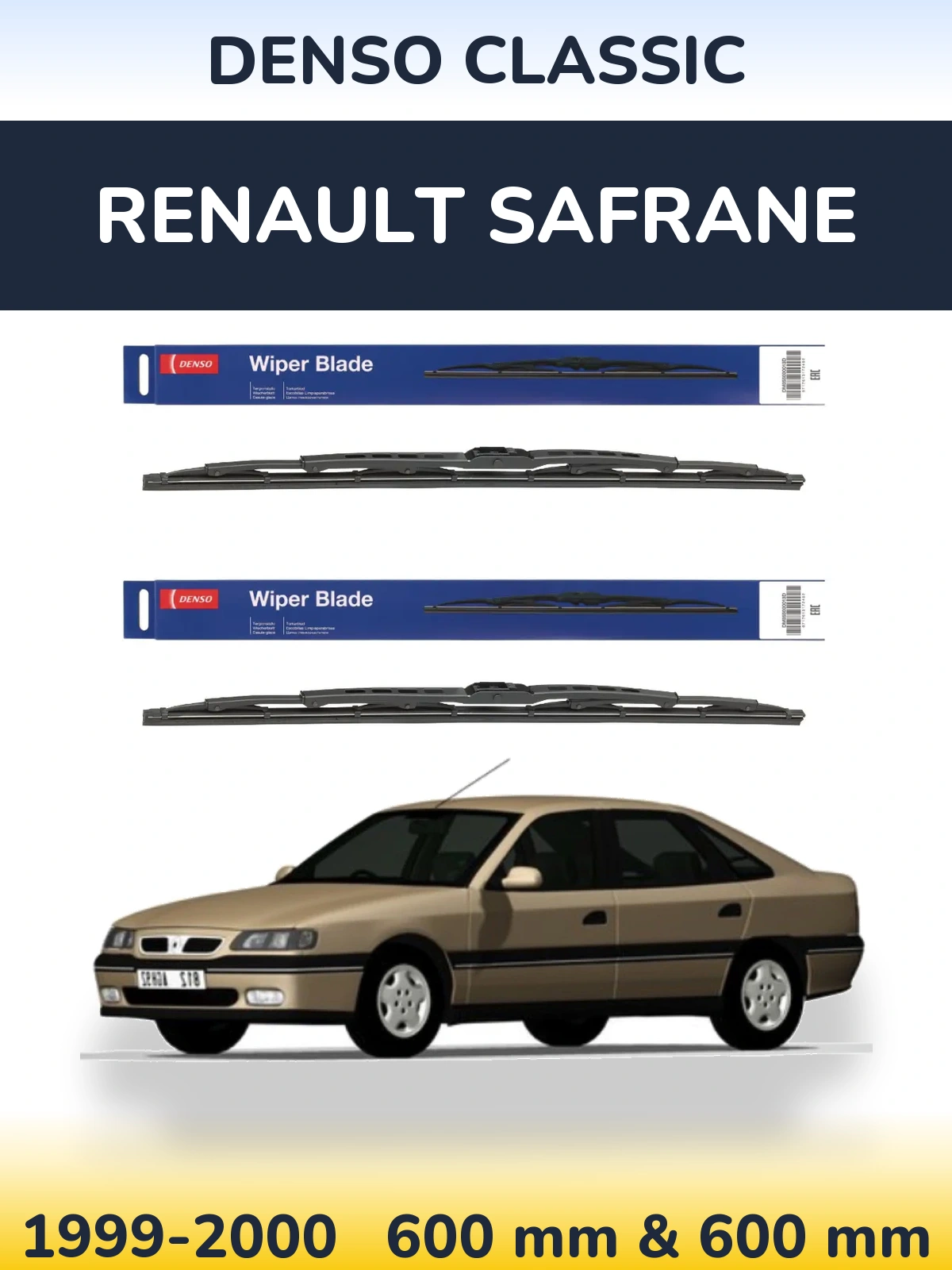 Front wiper blade set Denso Classic 600 & 600 mm for Renault Safrane 1999-2000