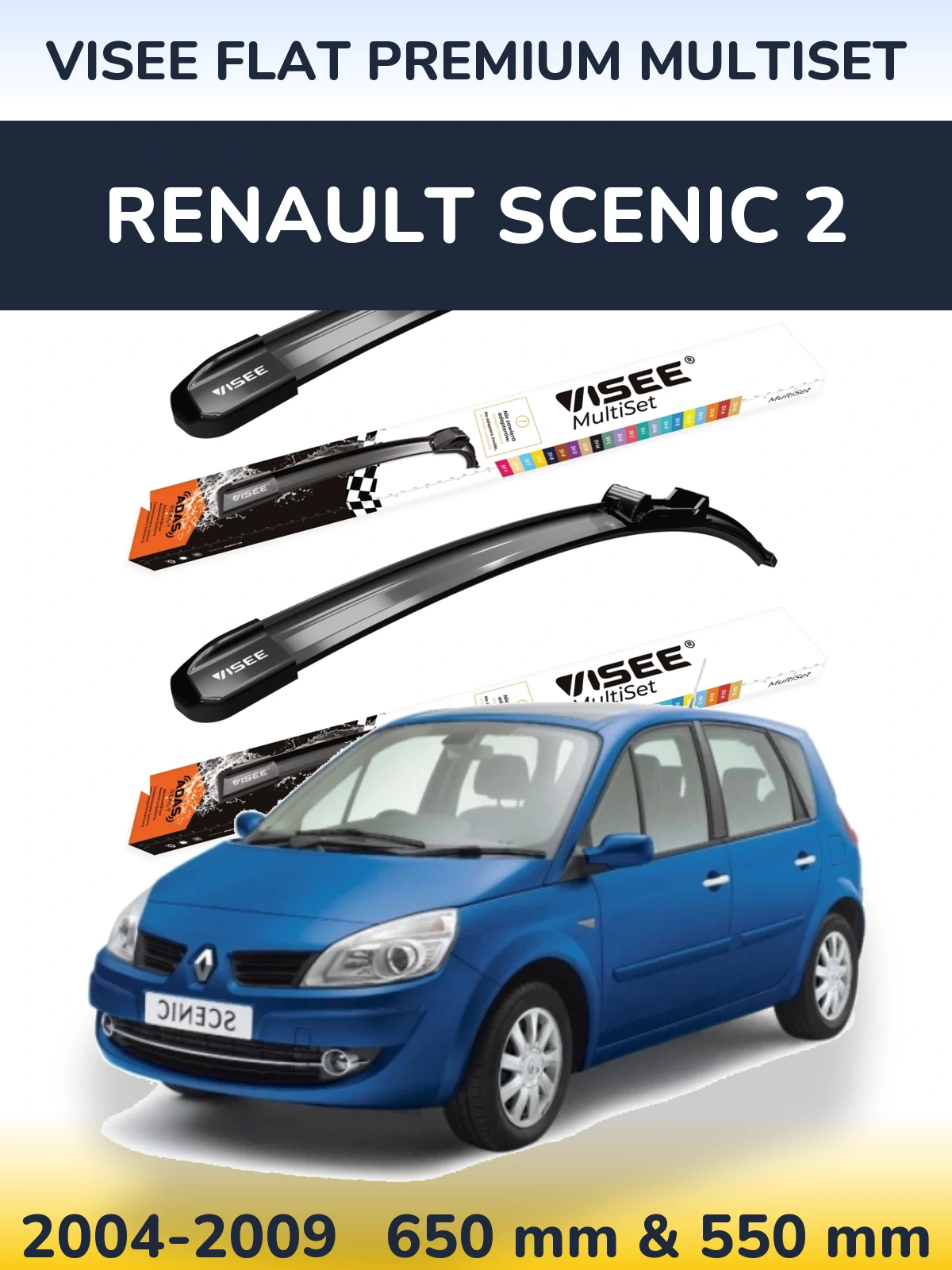 Комплект передних дворников VISEE FLAT PREMIUM MultiSet 650 & 550 мм для Renault Scenic 2 2004-2009