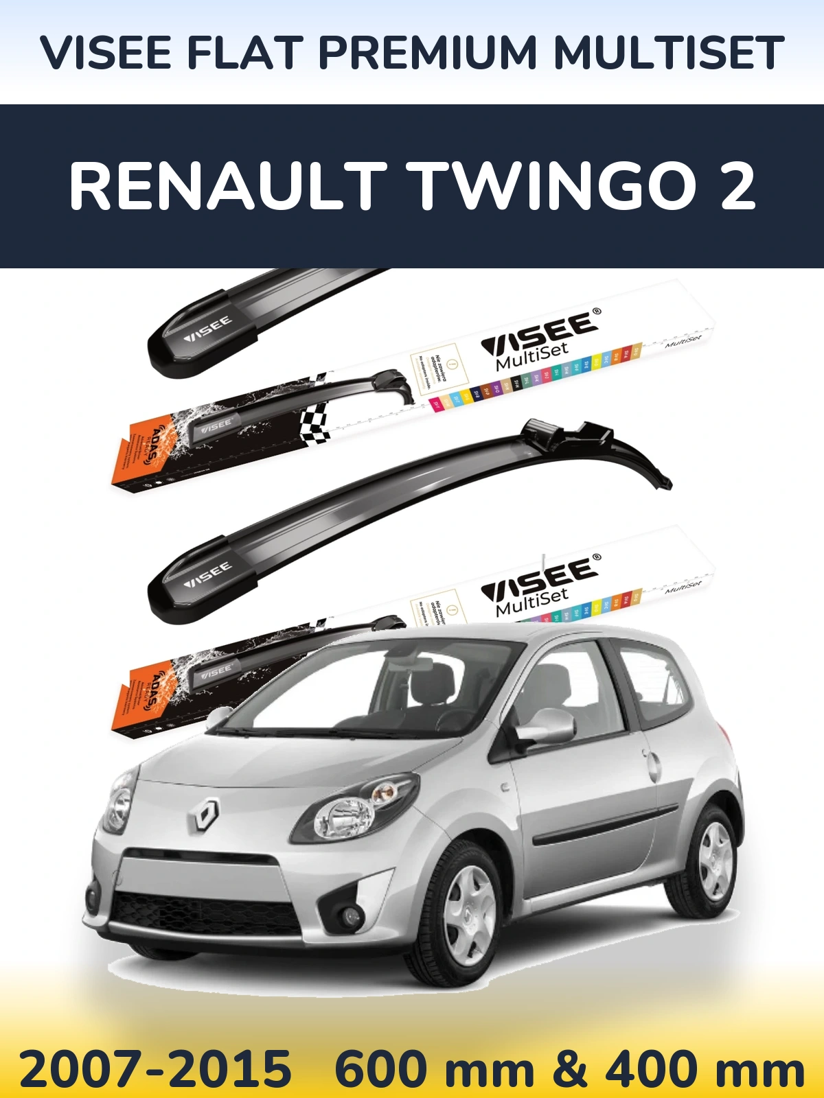 Комплект передніх щіток VISEE FLAT PREMIUM MultiSet 600 & 400 мм для Renault Twingo 2 2007-2015