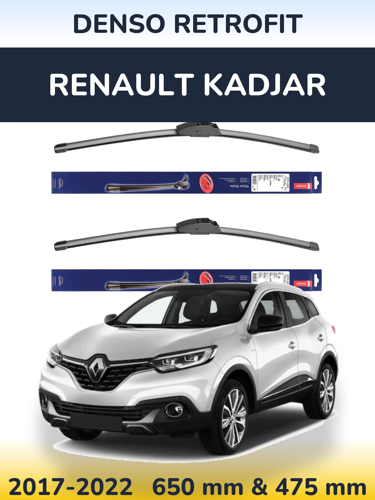 Front wiper blade set Denso Retrofit 650 & 475 mm for Renault Kadjar 2017-2022