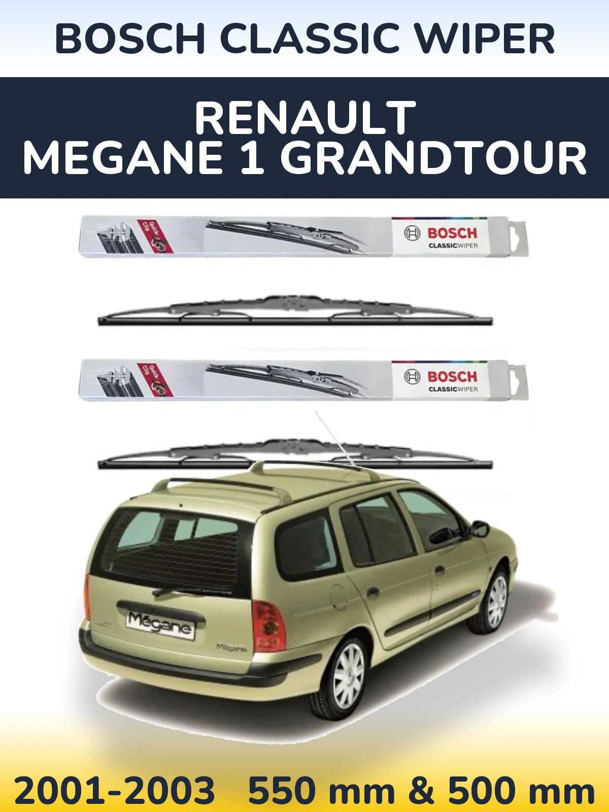 Front wiper blade set BOSCH Classic Wiper 550 & 500 mm for Renault Megane 1 Grandtour 2001-2003